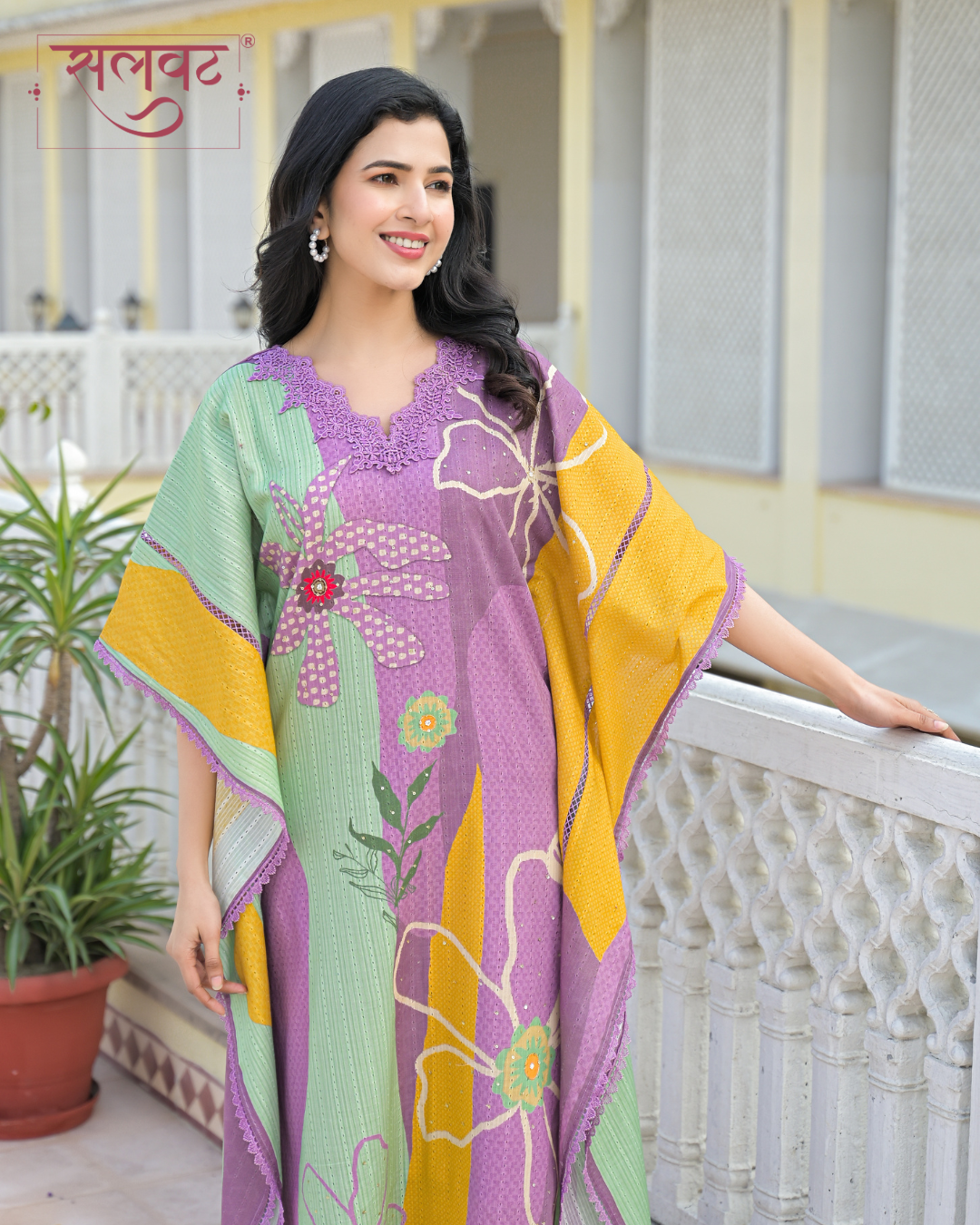 Lilac Abstract Printed Sequins Embellished Kaftan Set