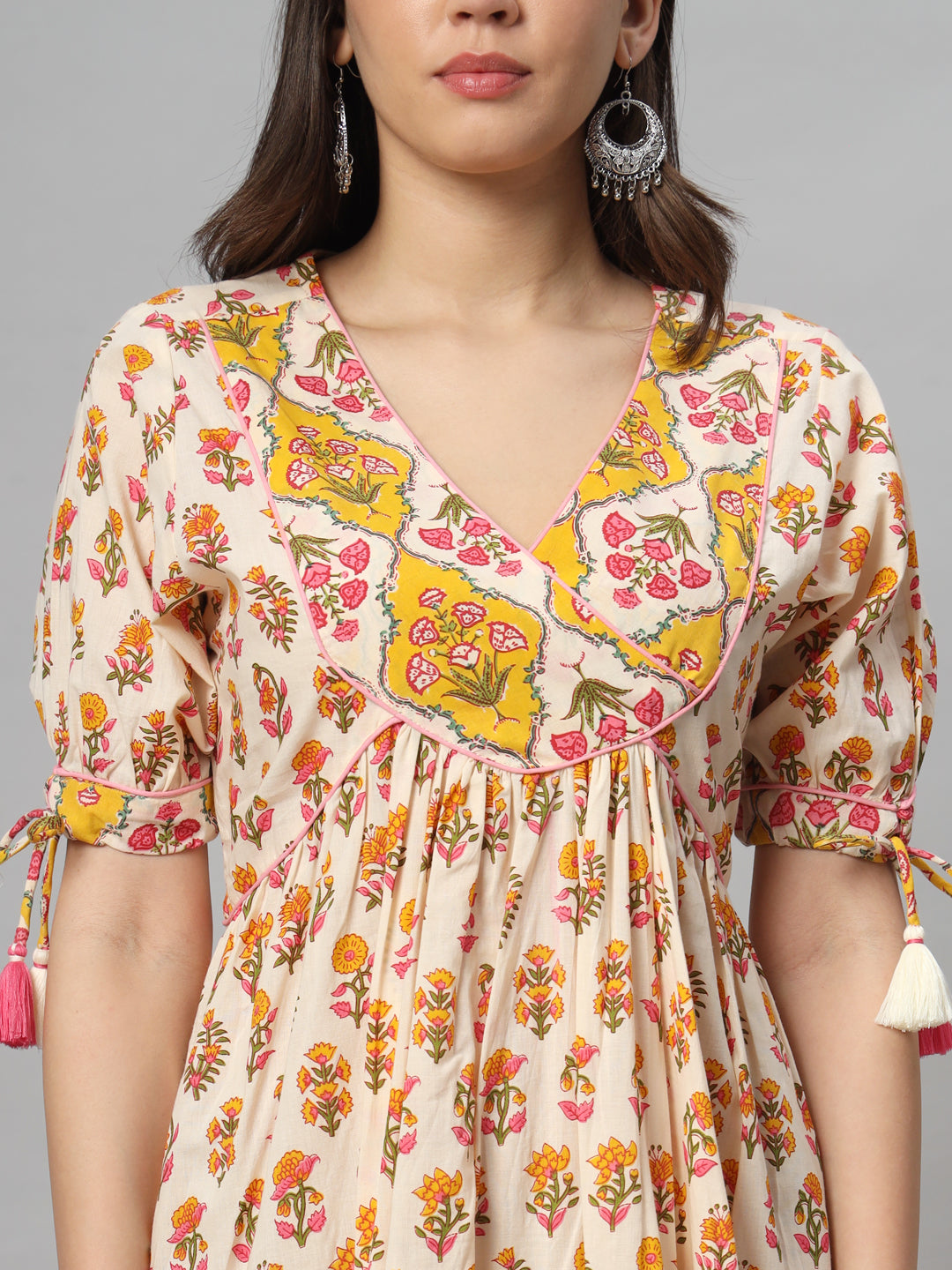 Yellow and Cream Printed Maxi Dress with Tassel Sleeves