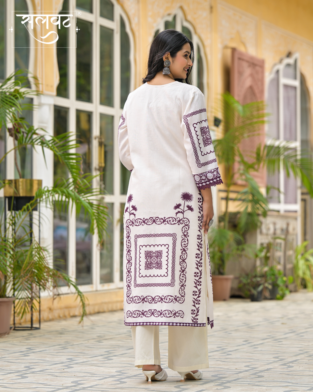 Cream & Wine Heavy Handwork Kurta Set With Printed Dupatta