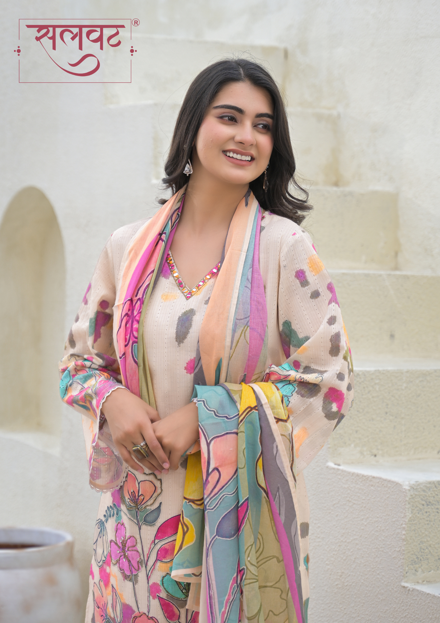 Camel Beige Colorful Floral Printed Kurta Set With Dupatta
