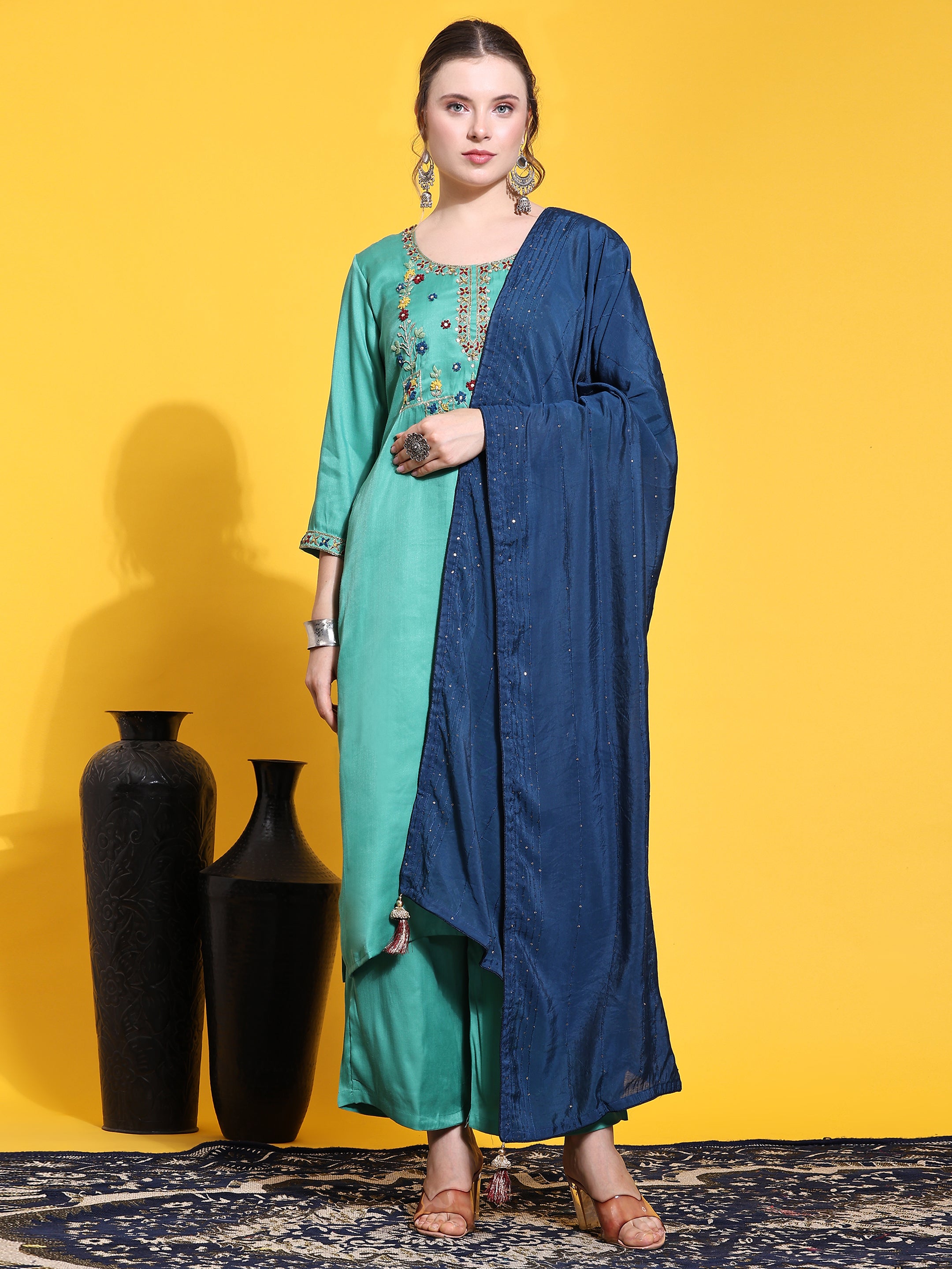 Green Viscose Silk Blend Kurta Set with Dupatta