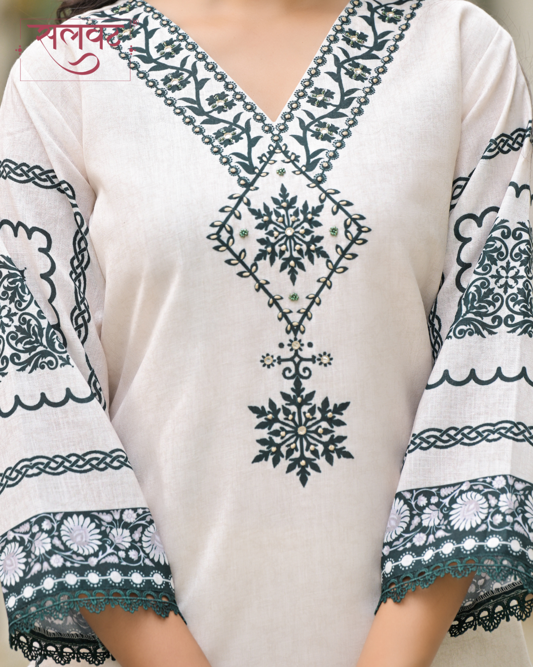 Cream & Green Heavy Handwork Kurta Set With Printed Dupatta