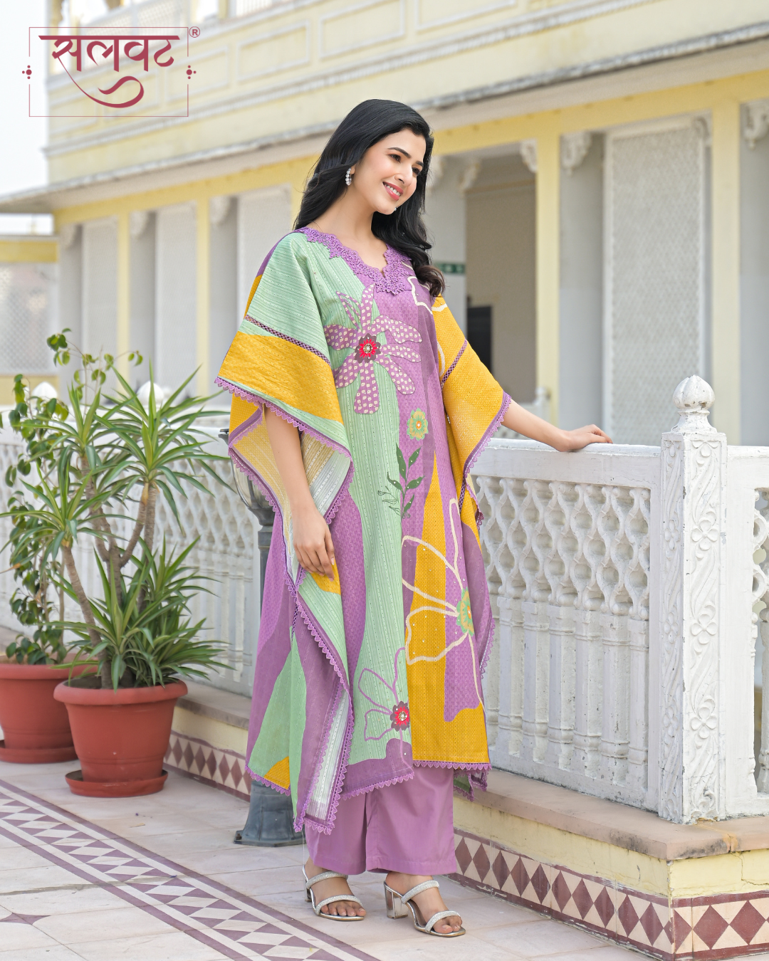 Lilac Abstract Printed Sequins Embellished Kaftan Set