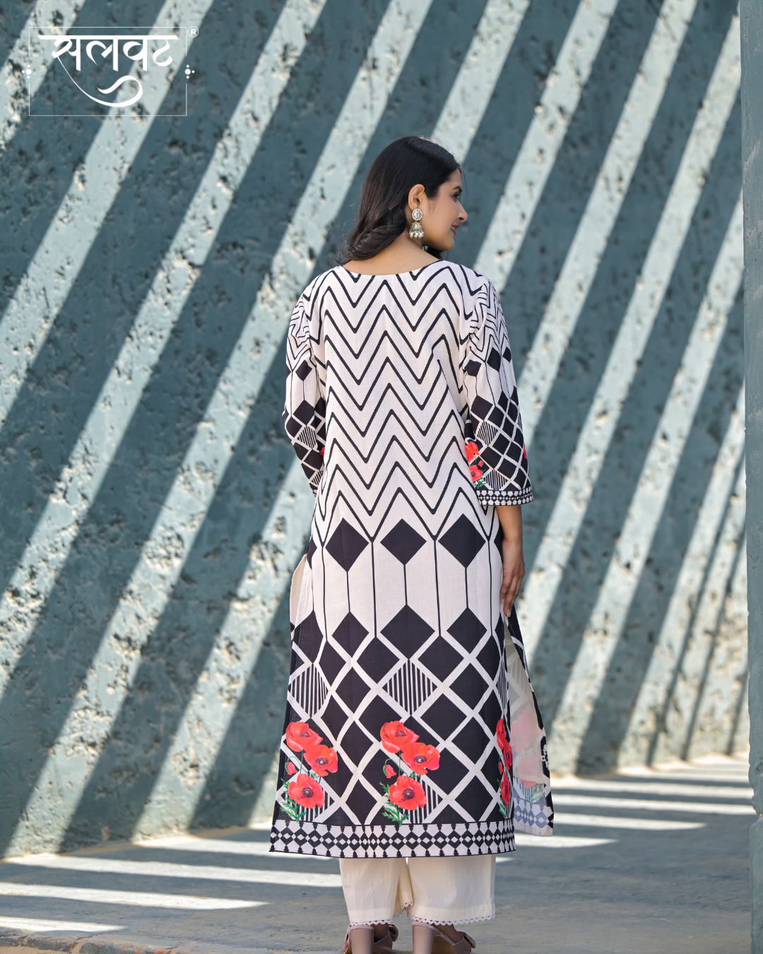 Light Cream & Black Heavy Handwork Kurta Set With Printed Dupatta