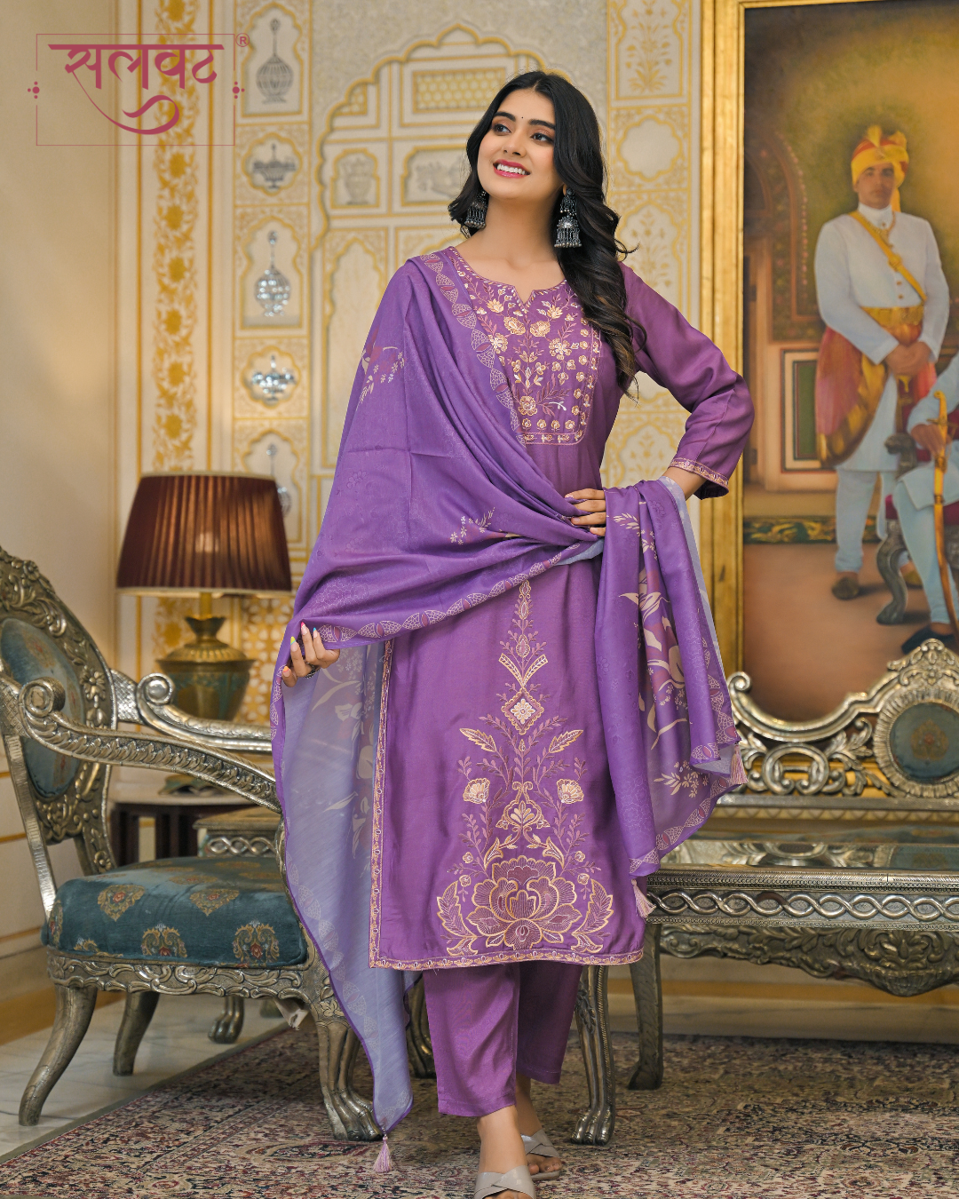 Plum Purple Muslin Thread Embroidered Kurta Set With Dupatta