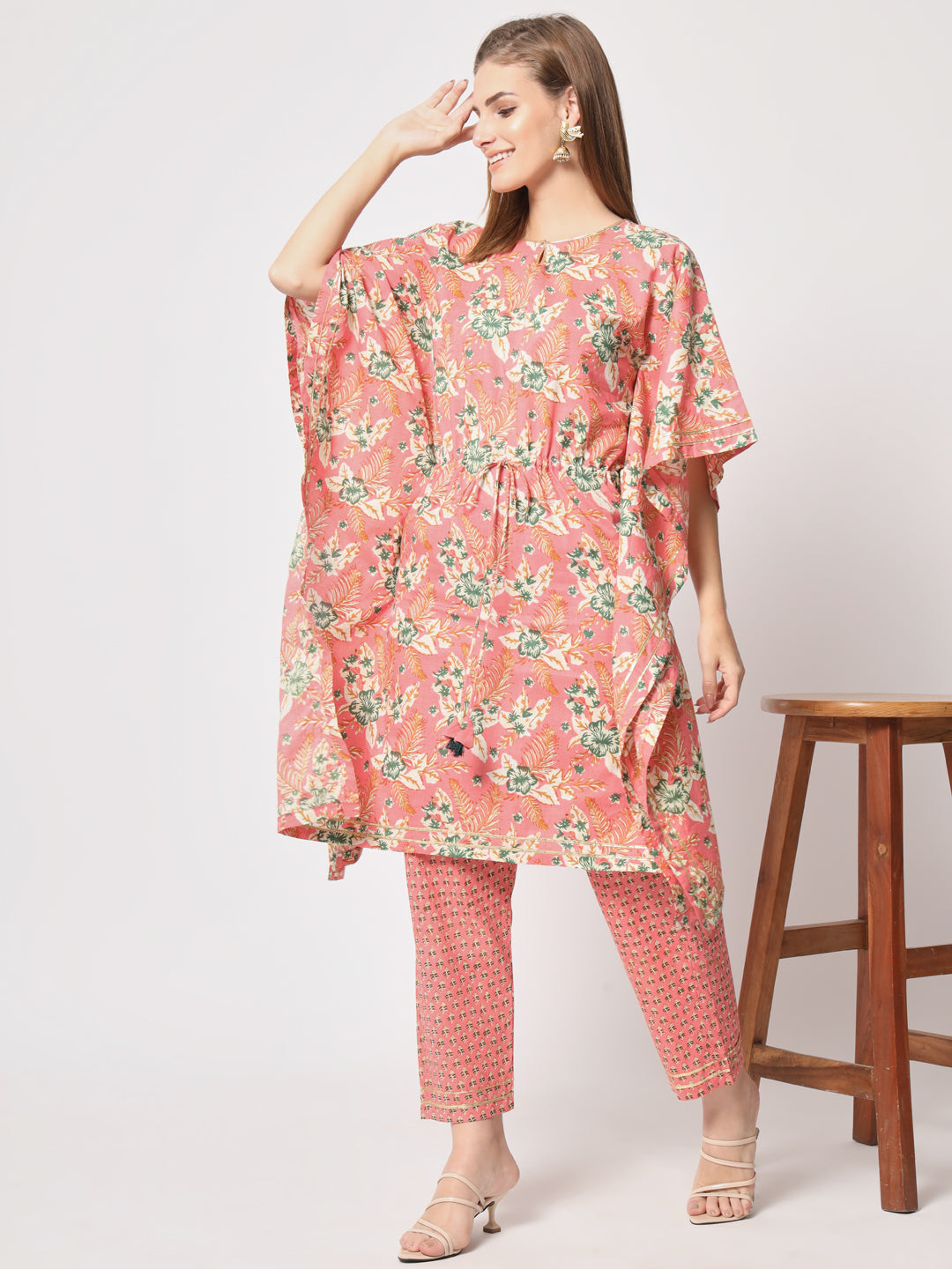 Peach printed pure cotton kaftan set.