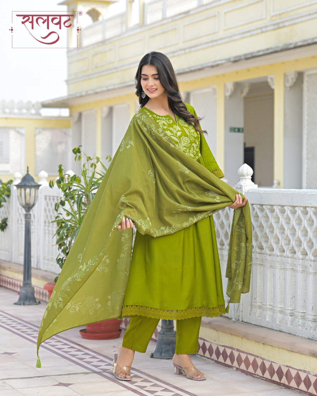 Henna Green Muslin Thread & Zari Embroidered Kurta Set With Printed Dupatta