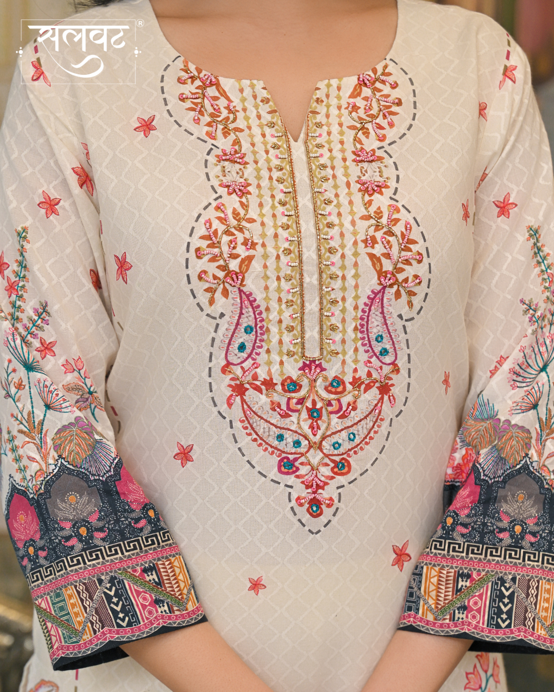 Light Caramel Printed Handwork Kurta Set with Printed Dupatta