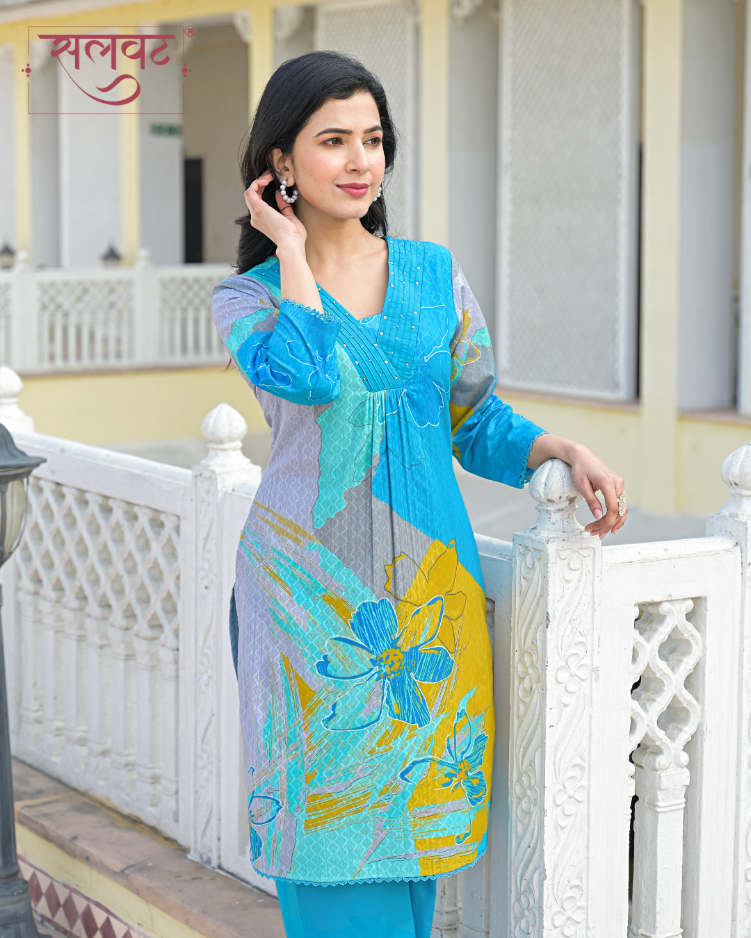 Bright Blue Abstract Printed Handwork Kurta Set