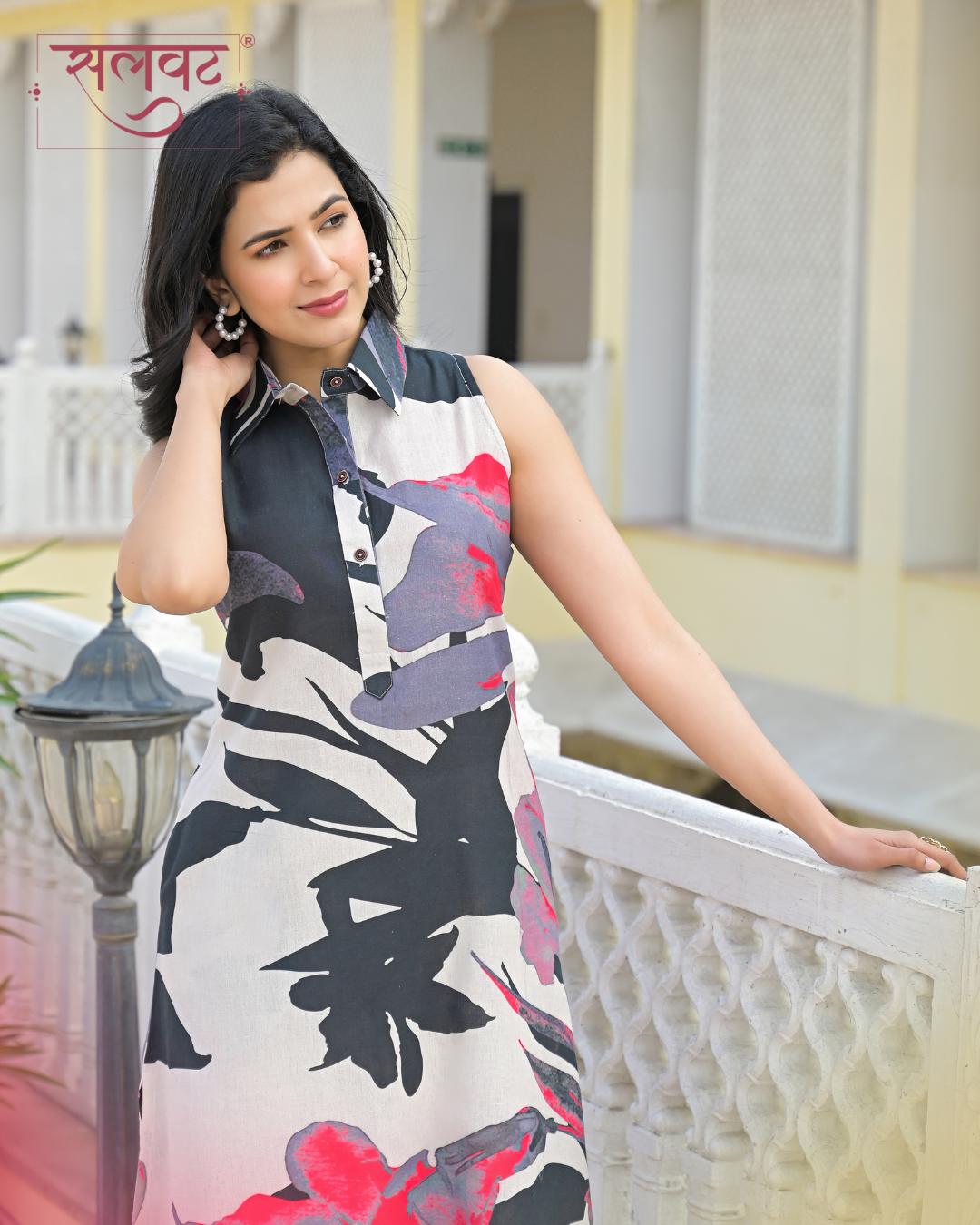 Slate Grey & Cream Abstract Pink Flowers Printed Kurta Set