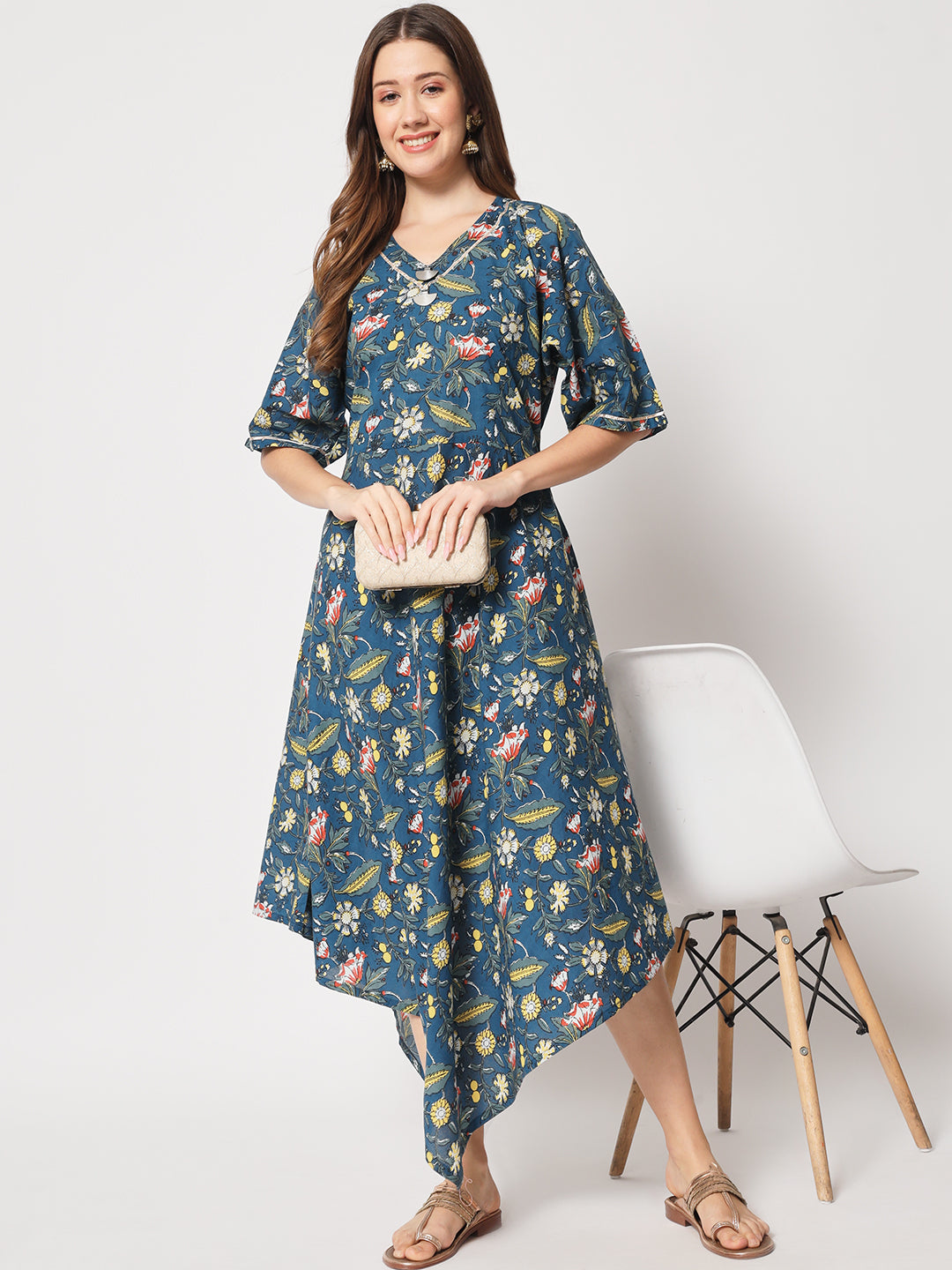 Blue Cotton Printed Midi Dress
