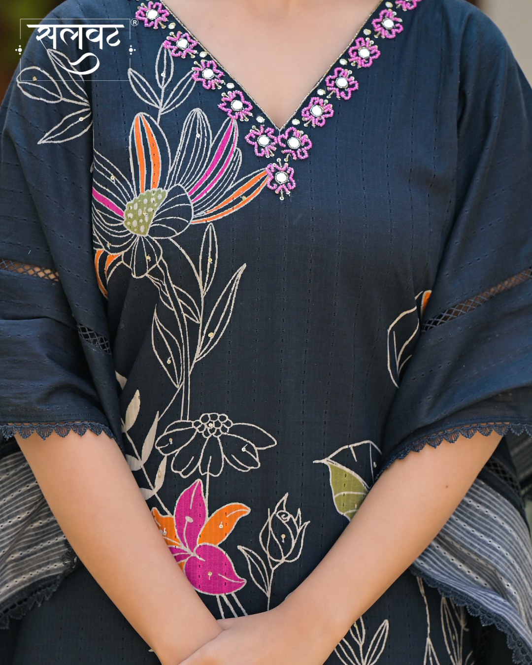 Charcoal Black Abstract Printed Handwork Kaftan Set