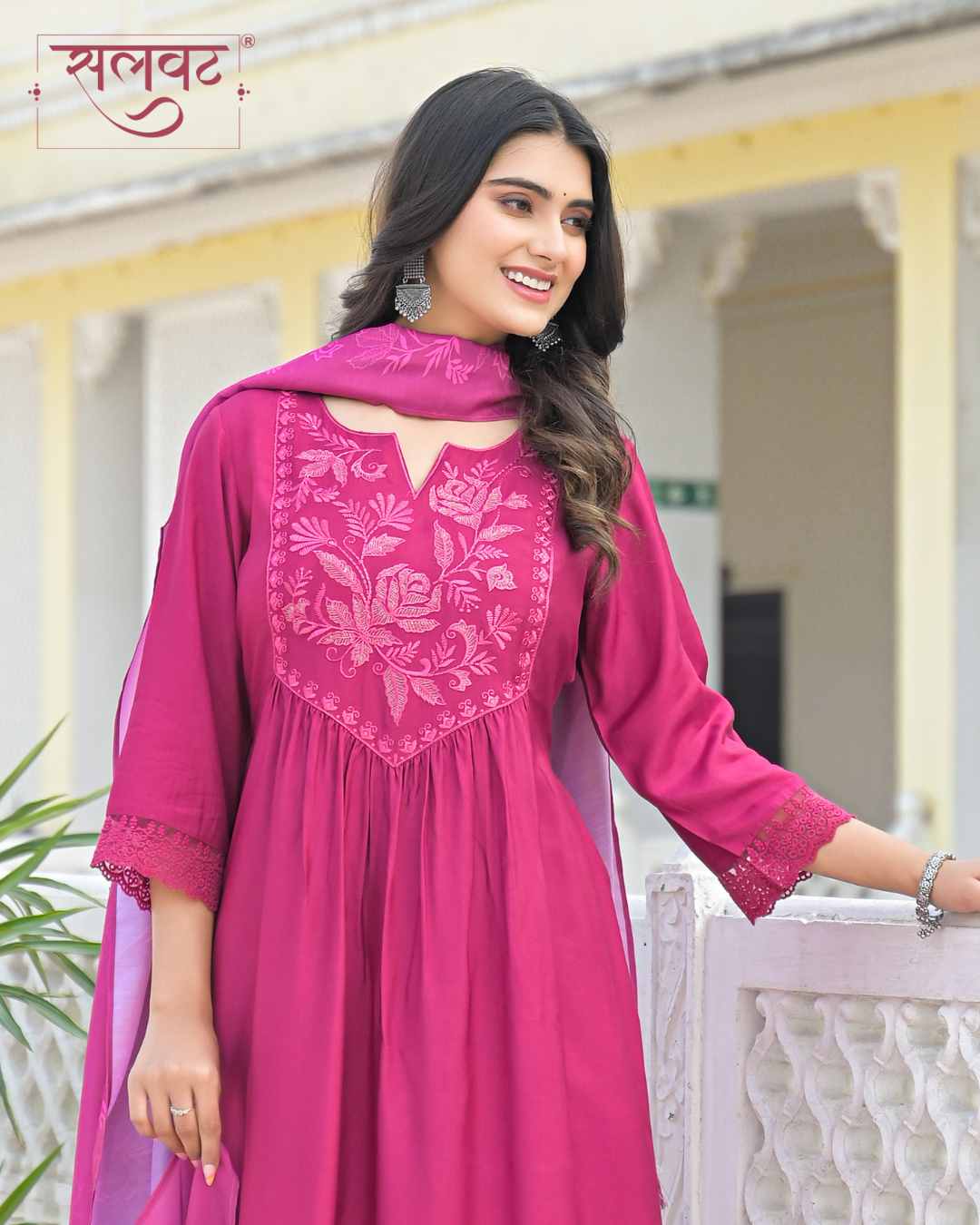 Ruby Garnet Wine Thread & Zari Embroidered Kurta Set With Printed Dupatta
