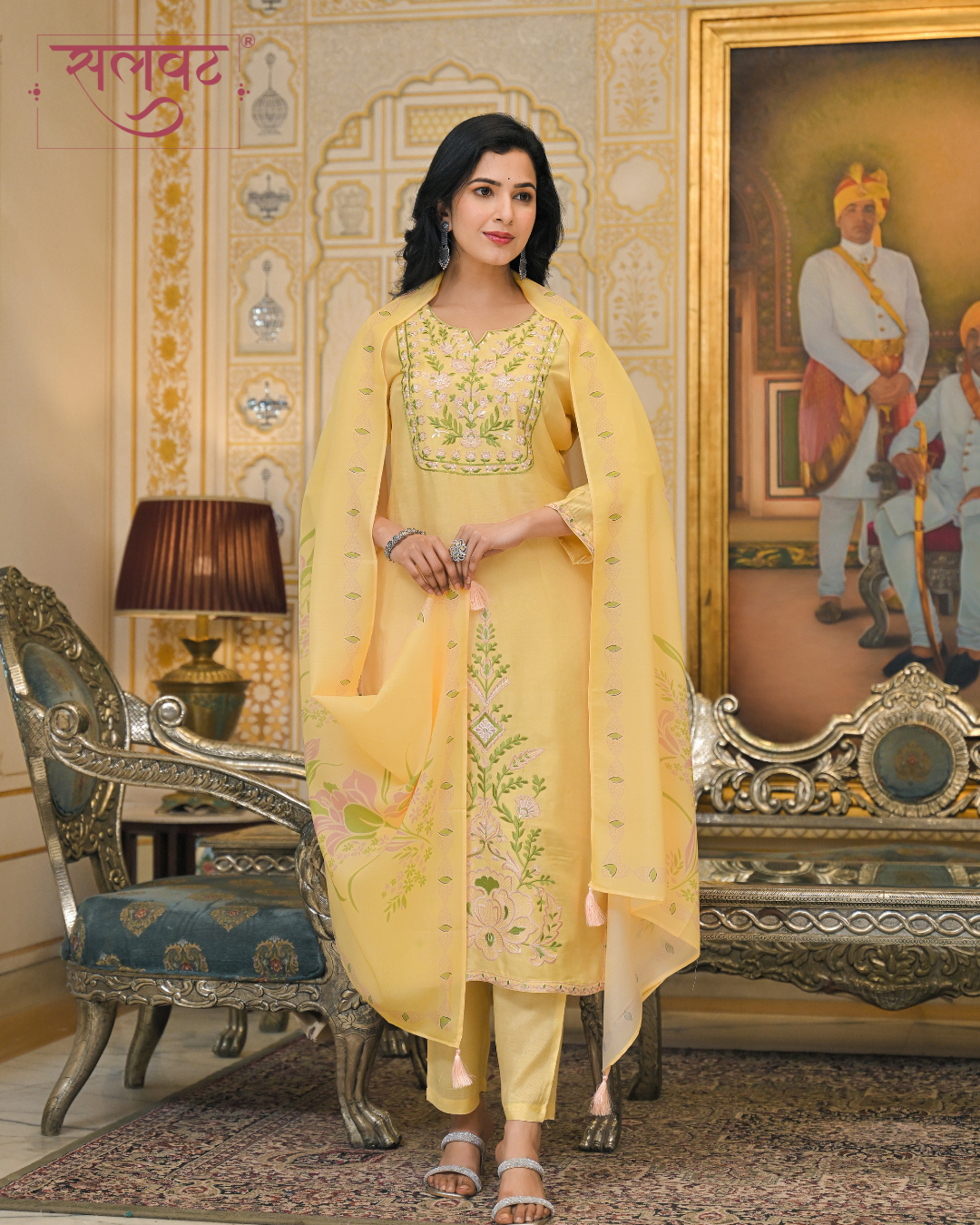 Bright Citrus Yellow Muslin Thread Embroidered Kurta Set With Printed Dupatta