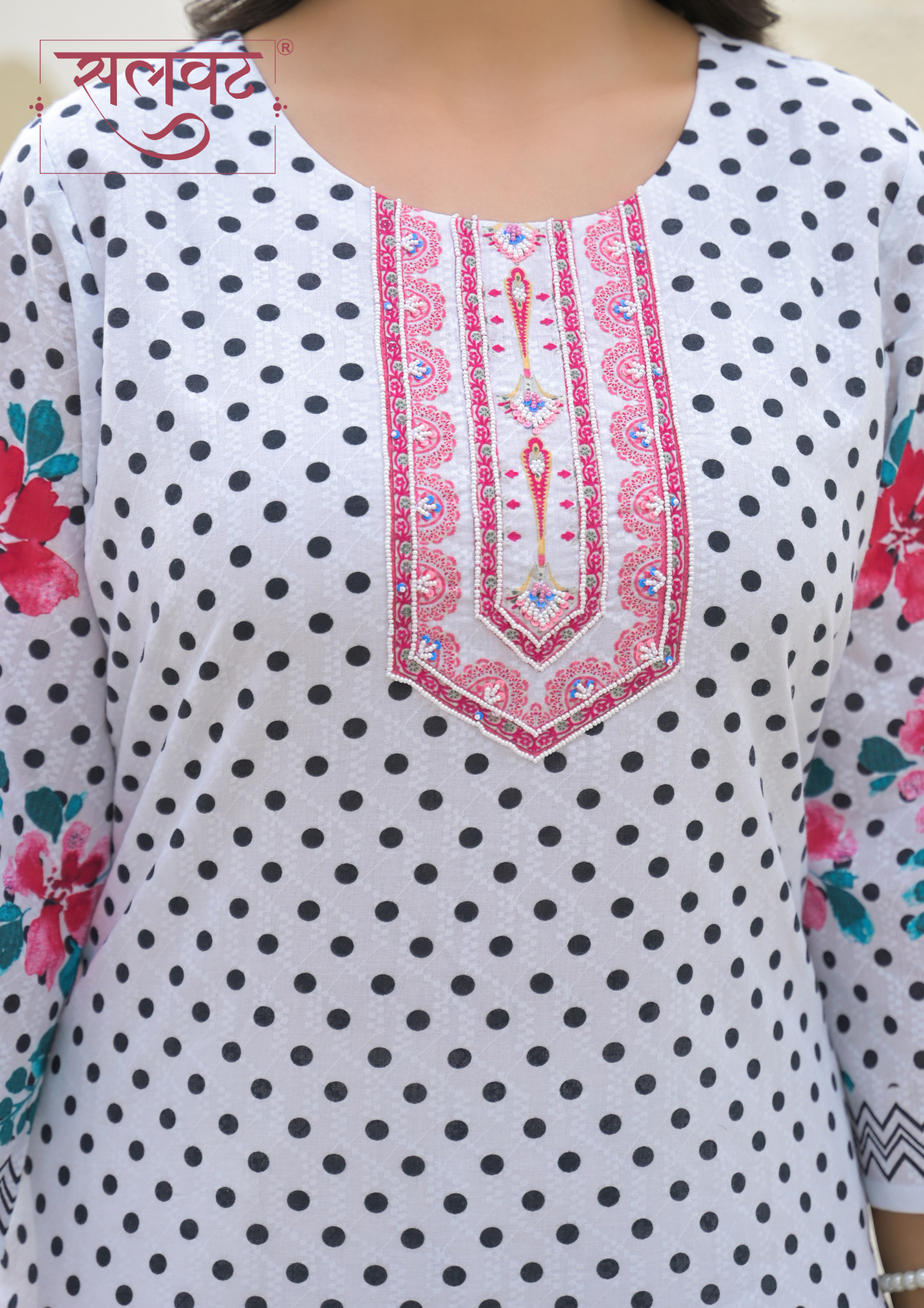White & Black Polka Dots Printed Handwork Kurta Set With Printed Dupatta