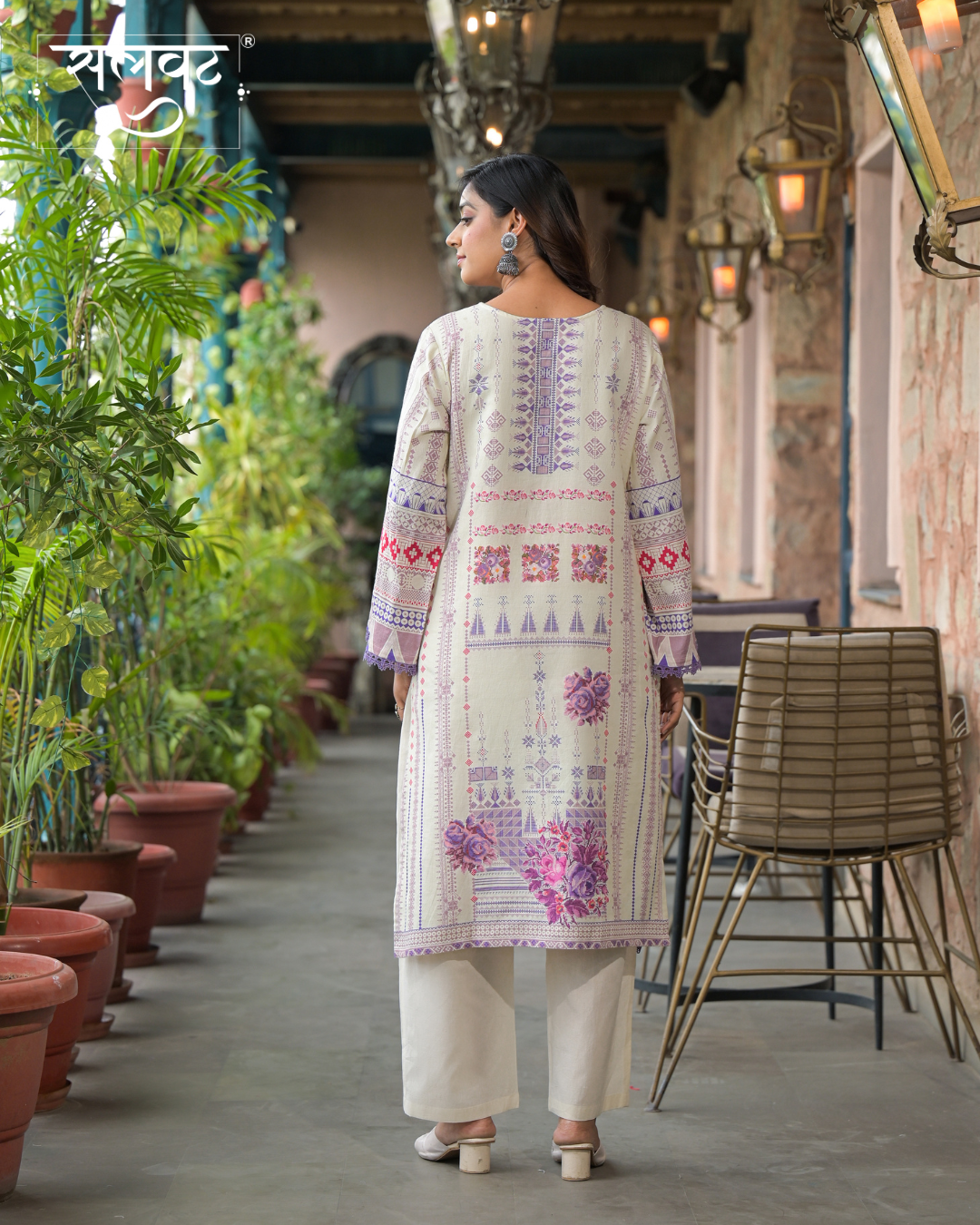 Light Cream Printed Handwork Kurta Set With Printed Dupatta