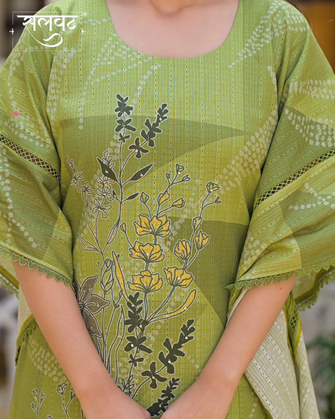 Green Printed Sequins Embellished Kaftan Set