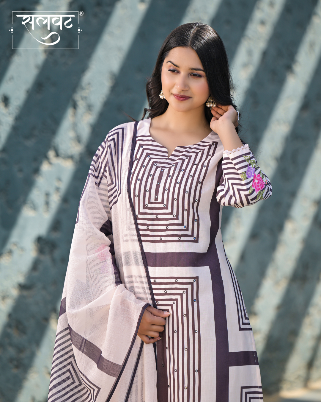 Light Cream & Black Heavy Handwork Kurta Set With Printed Dupatta