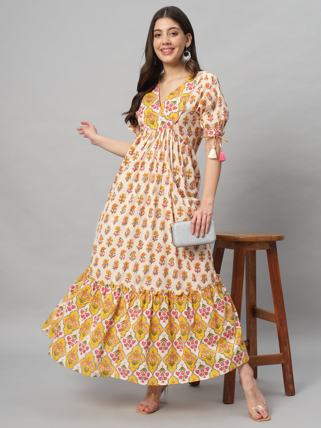 Yellow and Cream Printed Maxi Dress with Tassel Sleeves