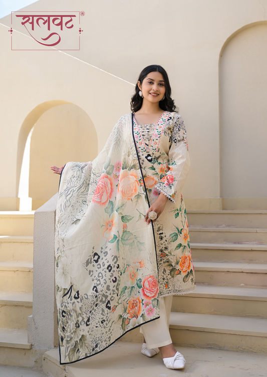 Cream Floral Printed Handwork Kurta Set With Printed Dupatta