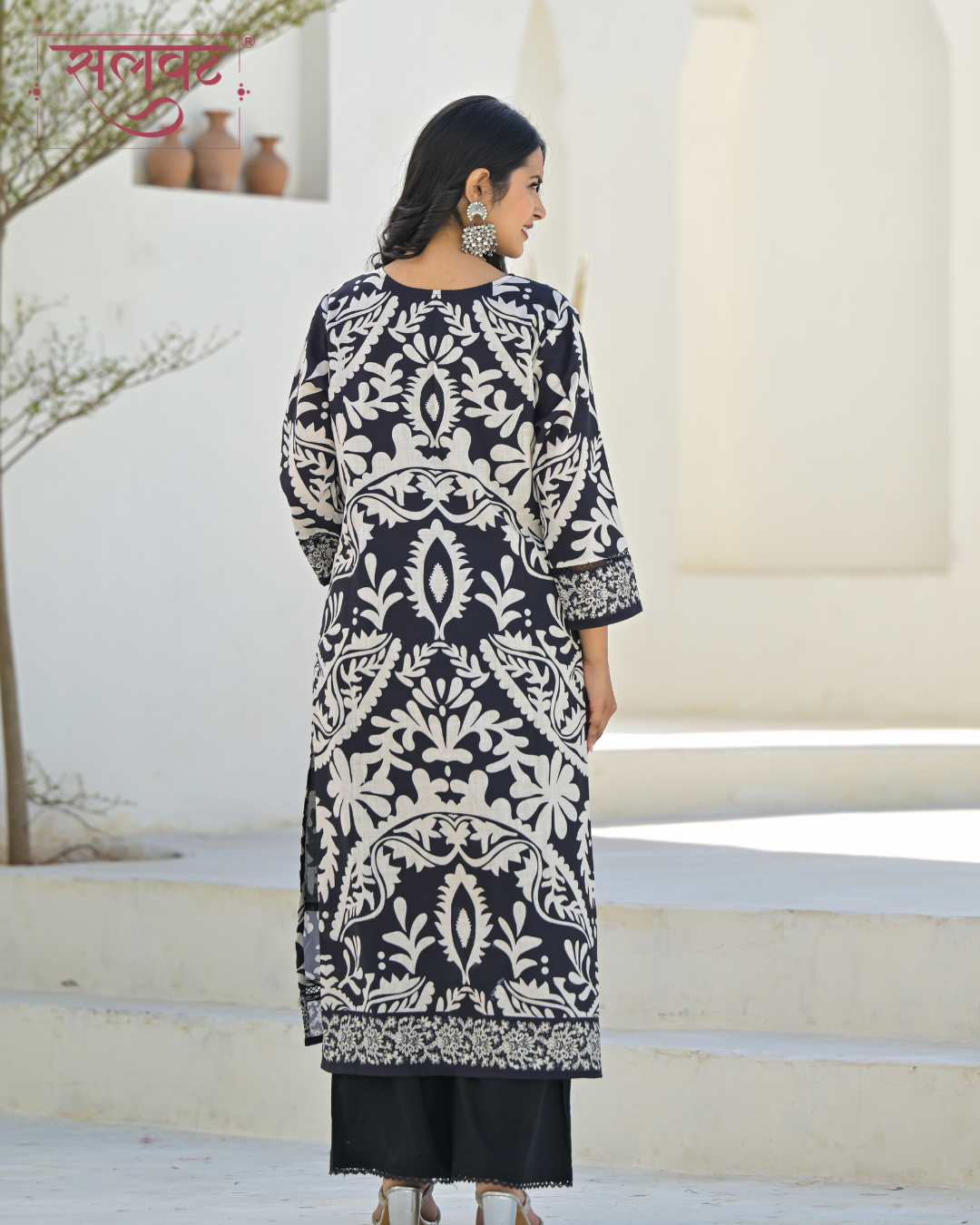 Black & White With Multicolour Embroidered Handwork Kurta Set With Printed Dupatta