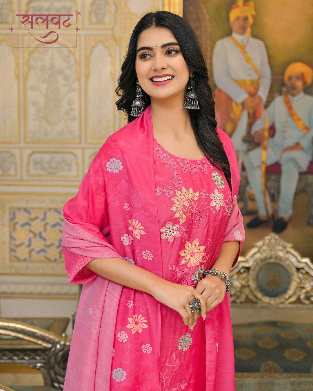 Carnation Blush Embroidered Kurta set with Printed Dupatta