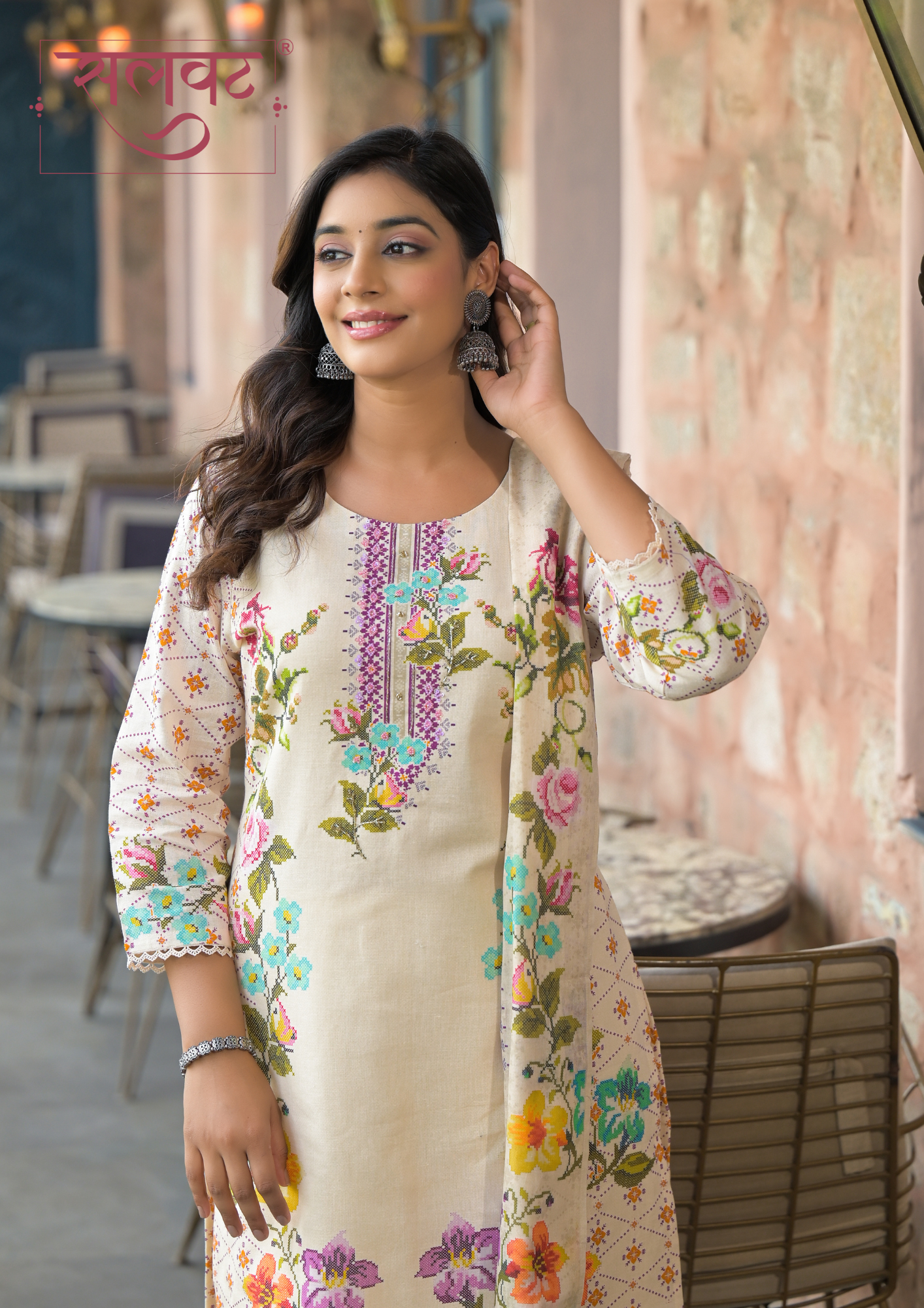 Light Beige Printed Handwork Kurta Set With Printed Dupatta