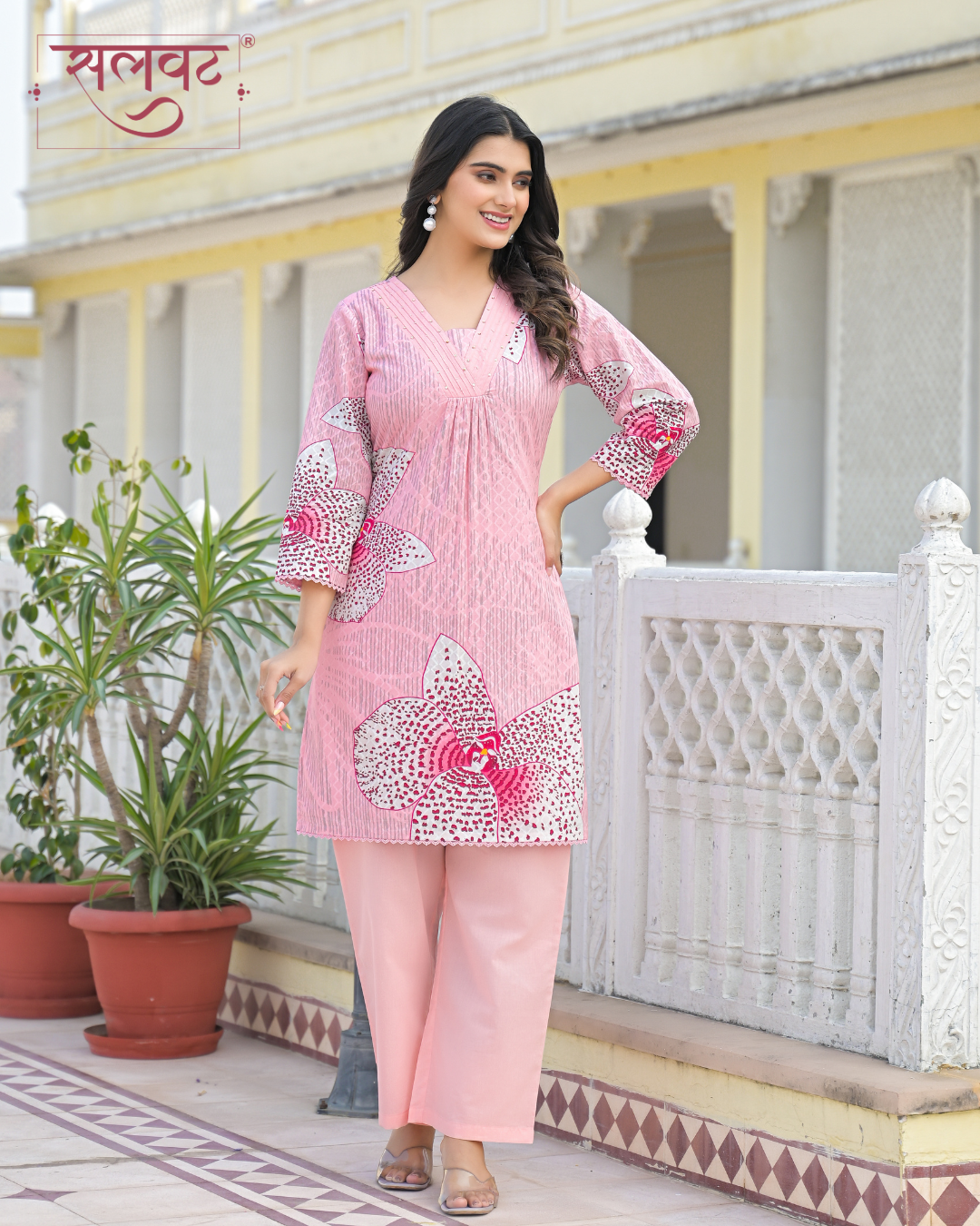 Pale Pink & White Pure Cotton Abstract Printed Handwork Kurta Set