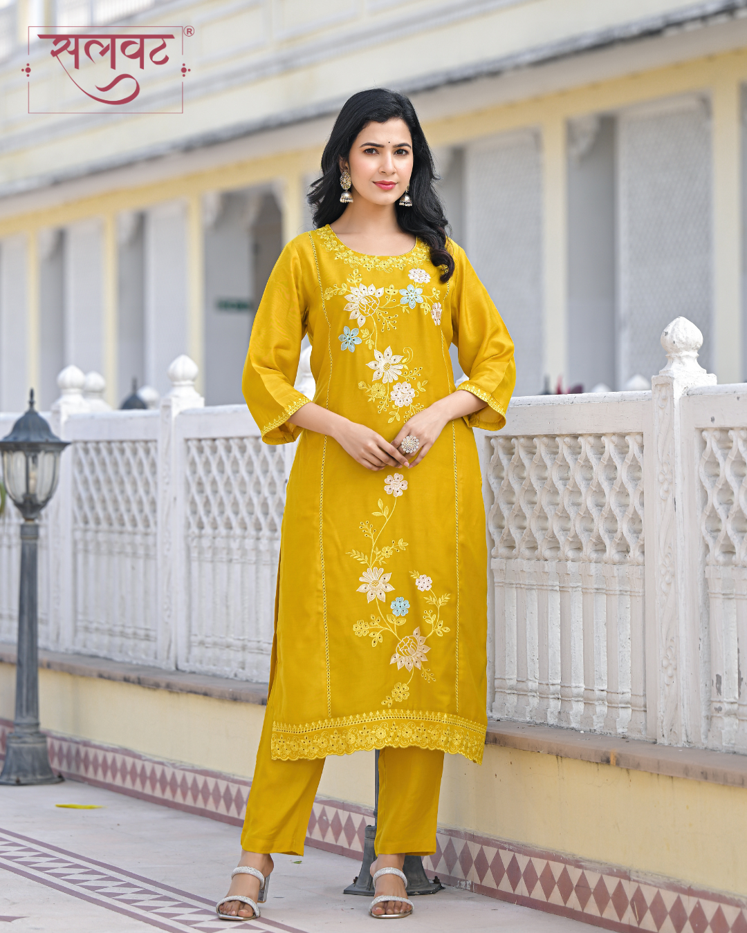 Amber Mustard Embroidered Kurta Set With Printed Dupatta