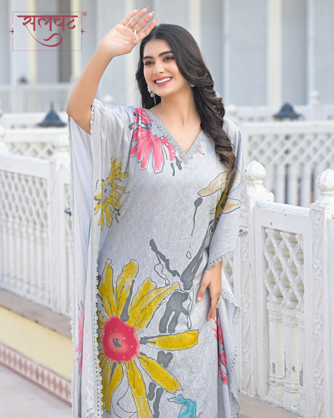 Slate Grey Abstract Printed Handwork Kaftan Set