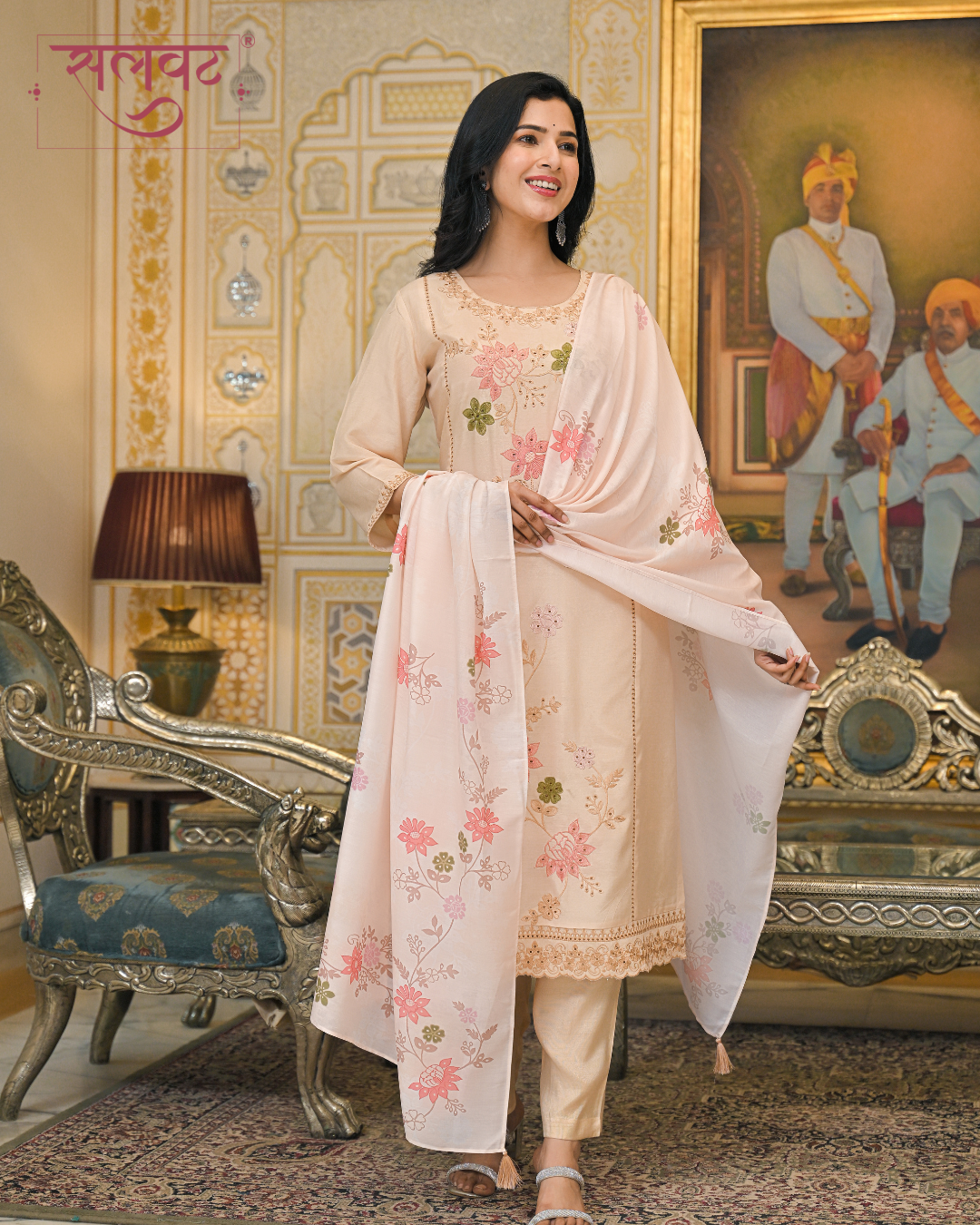 Light Caramel Embroidered Kurta Set With Printed Dupatta