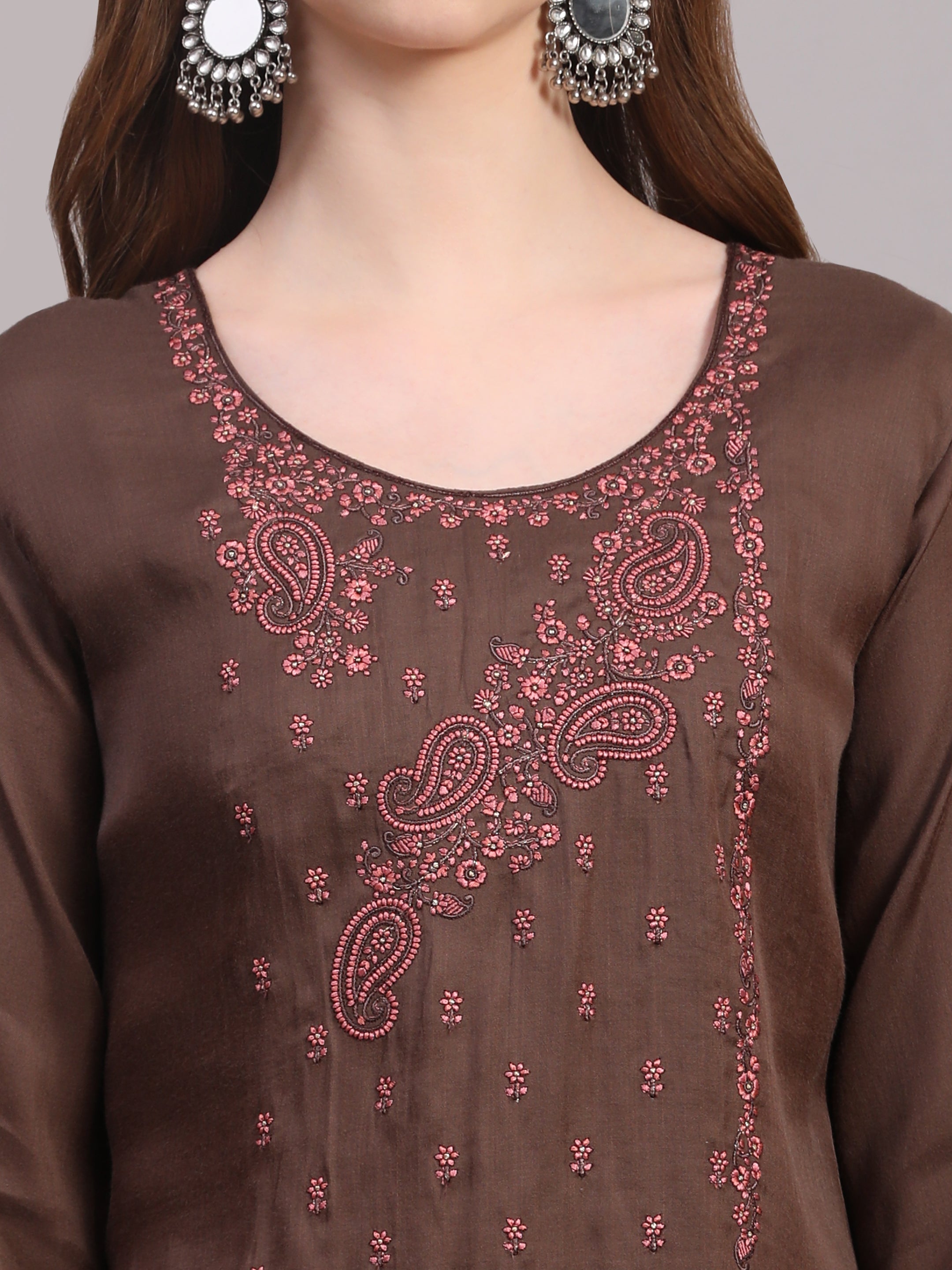 Brown Zari Embroidered Suit Set with Dola Silk Dupatta