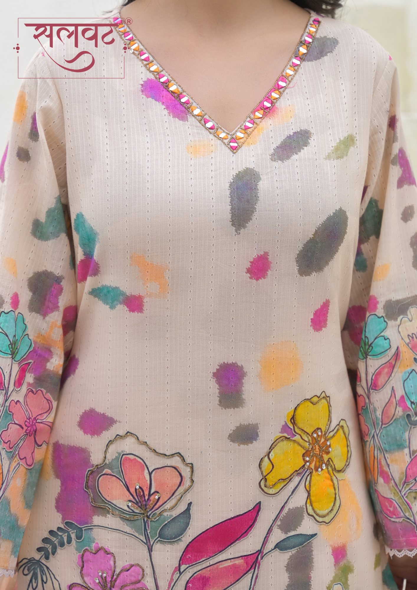 Camel Beige Colorful Floral Printed Kurta Set With Dupatta