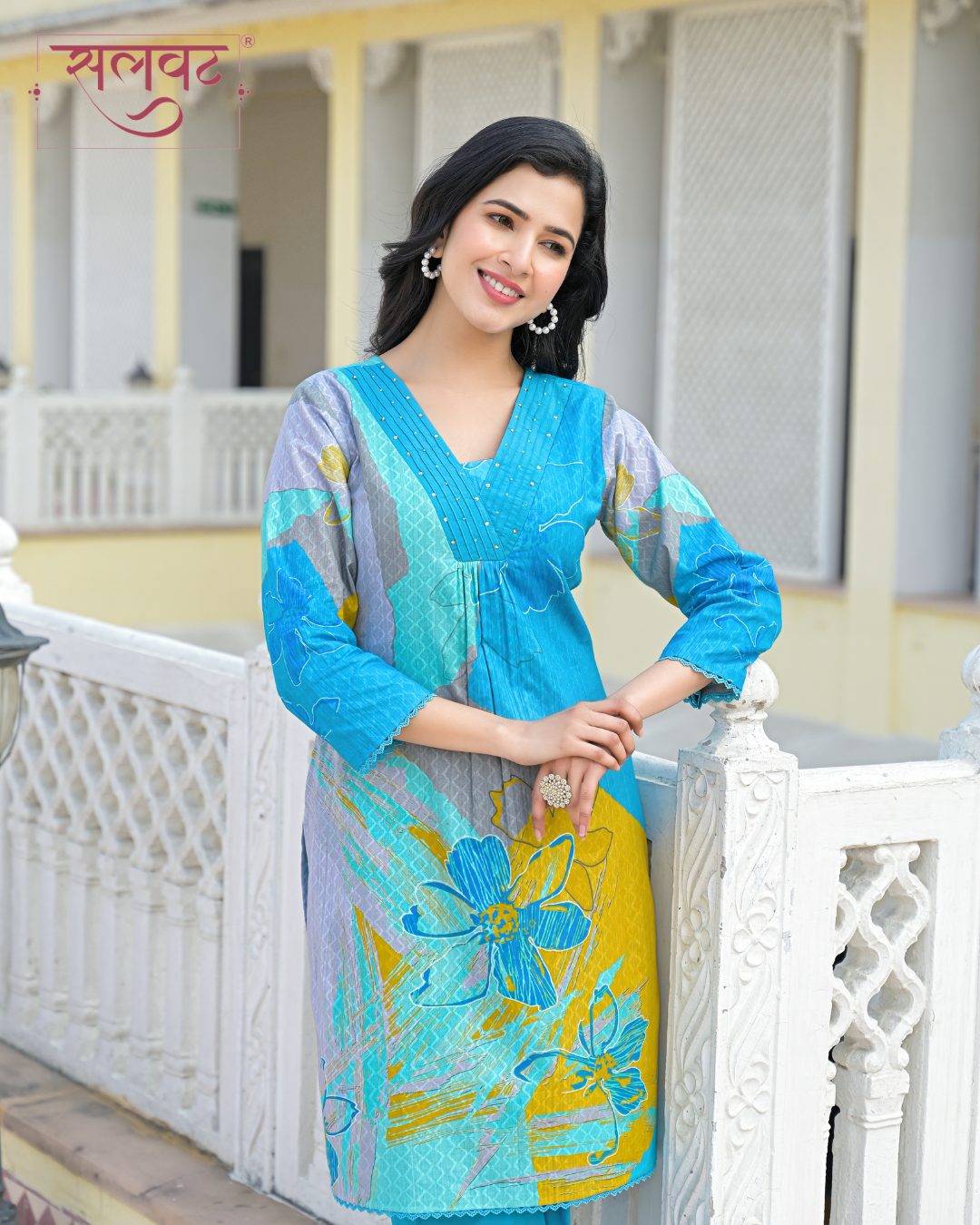 Bright Blue Abstract Printed Handwork Kurta Set