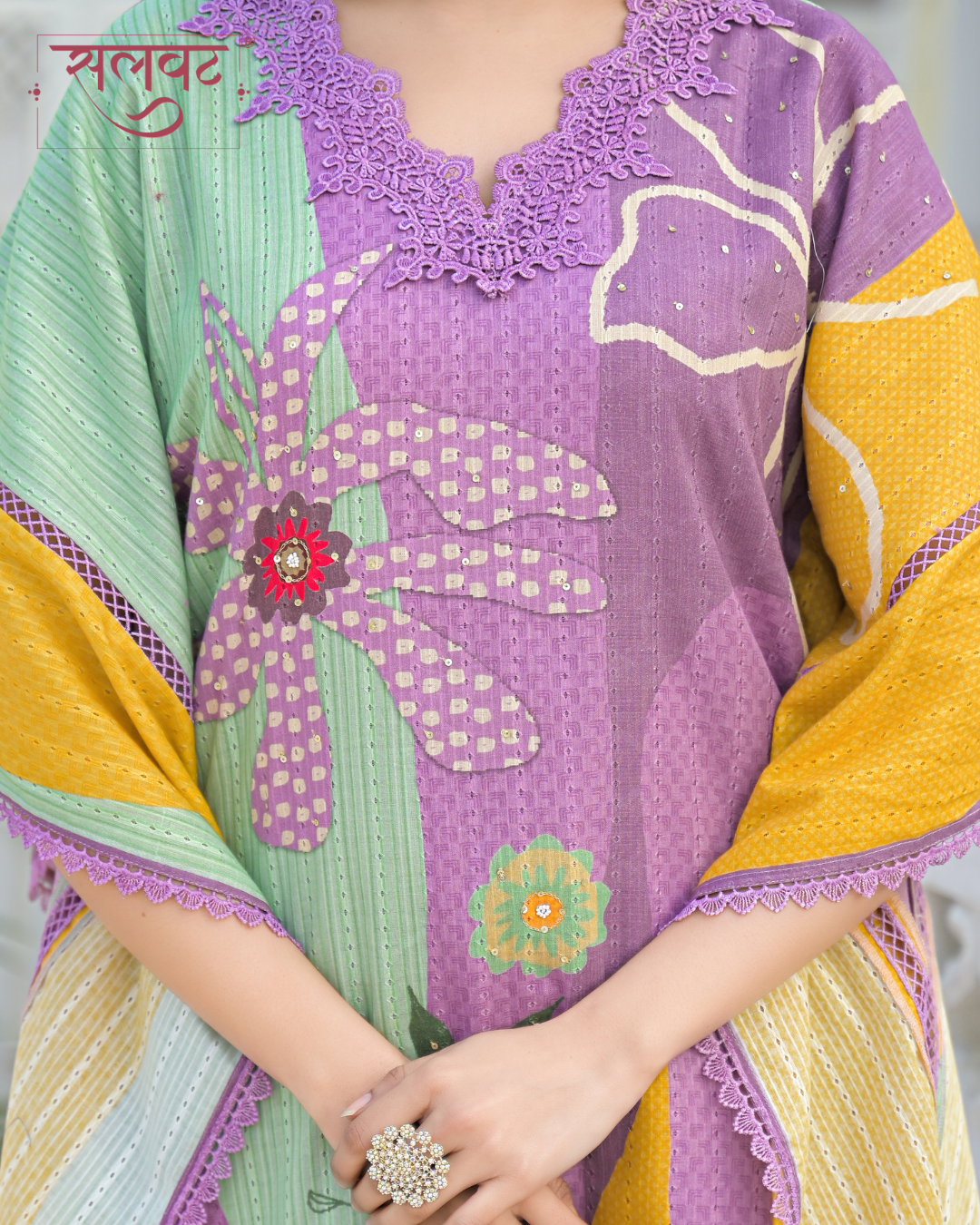 Lilac Abstract Printed Sequins Embellished Kaftan Set