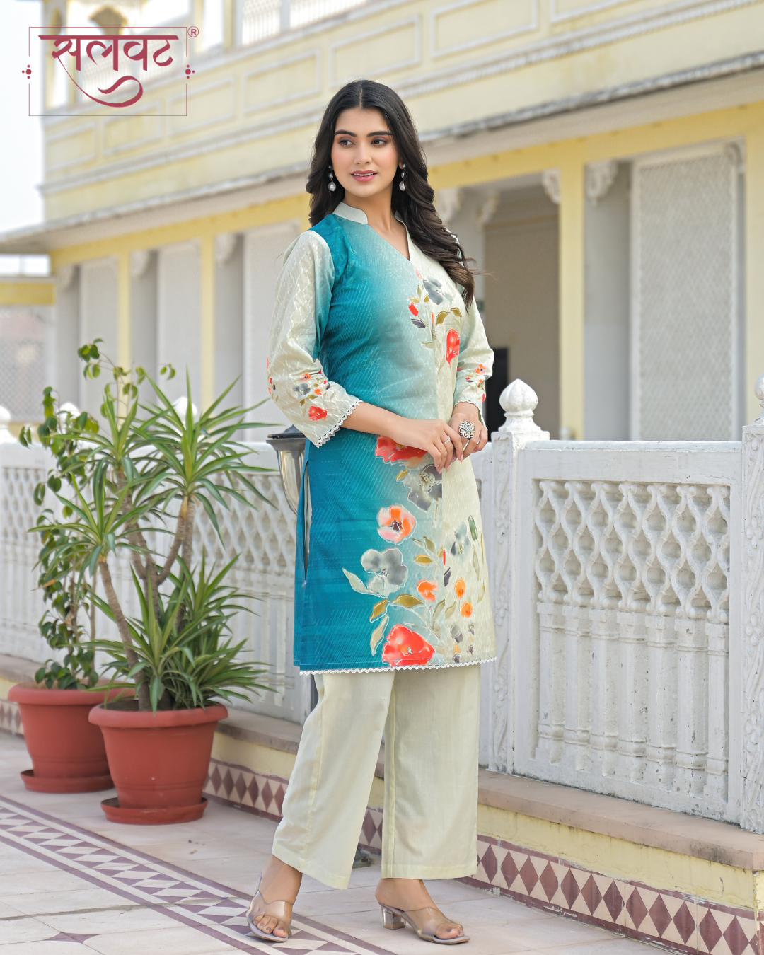 Cream & Turquoise Abstract Printed Kurta Set