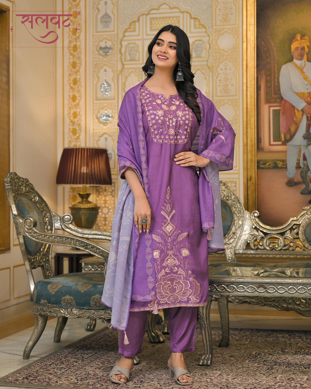 Plum Purple Muslin Thread Embroidered Kurta Set With Dupatta