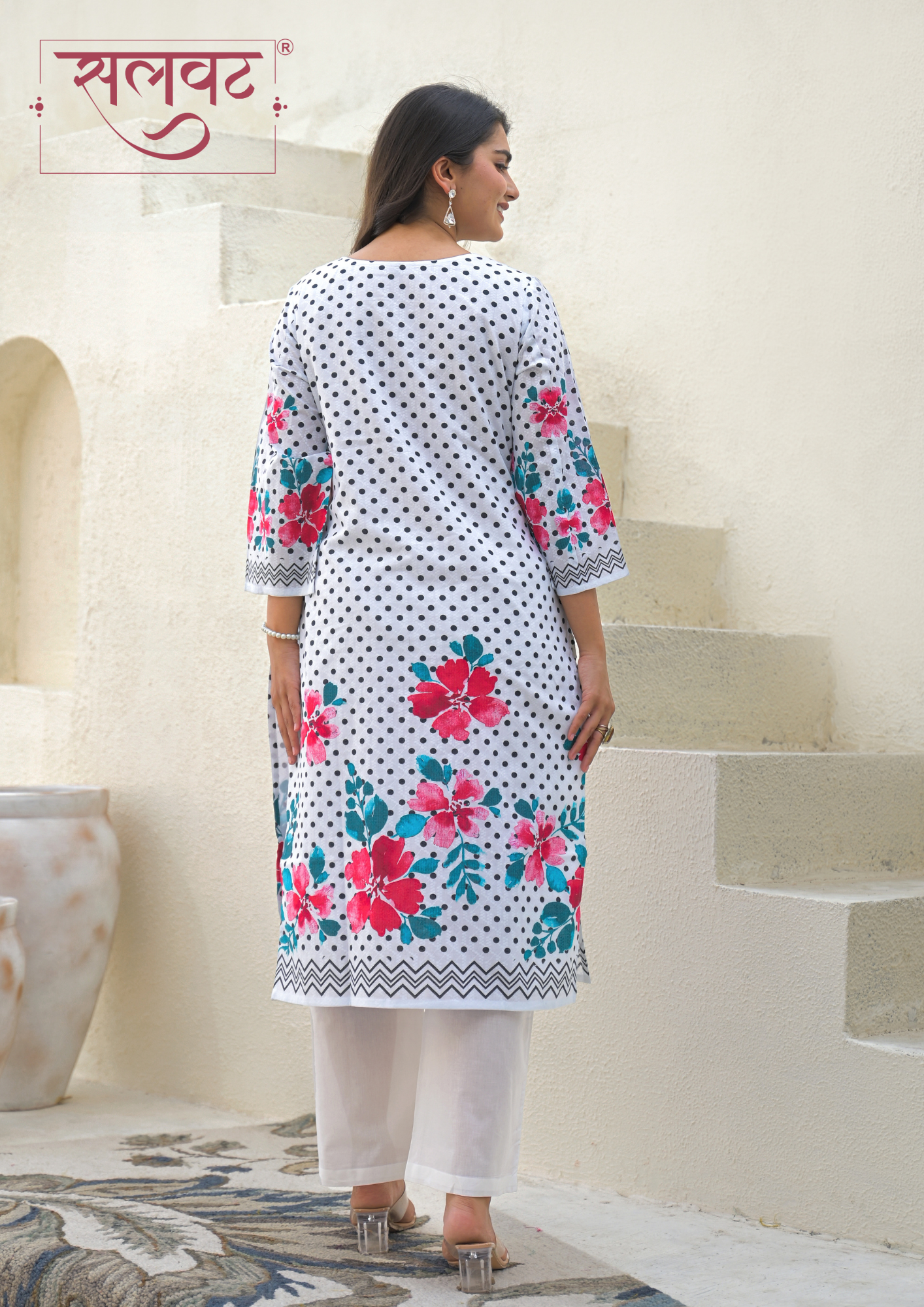 White & Black Polka Dots Printed Handwork Kurta Set With Printed Dupatta