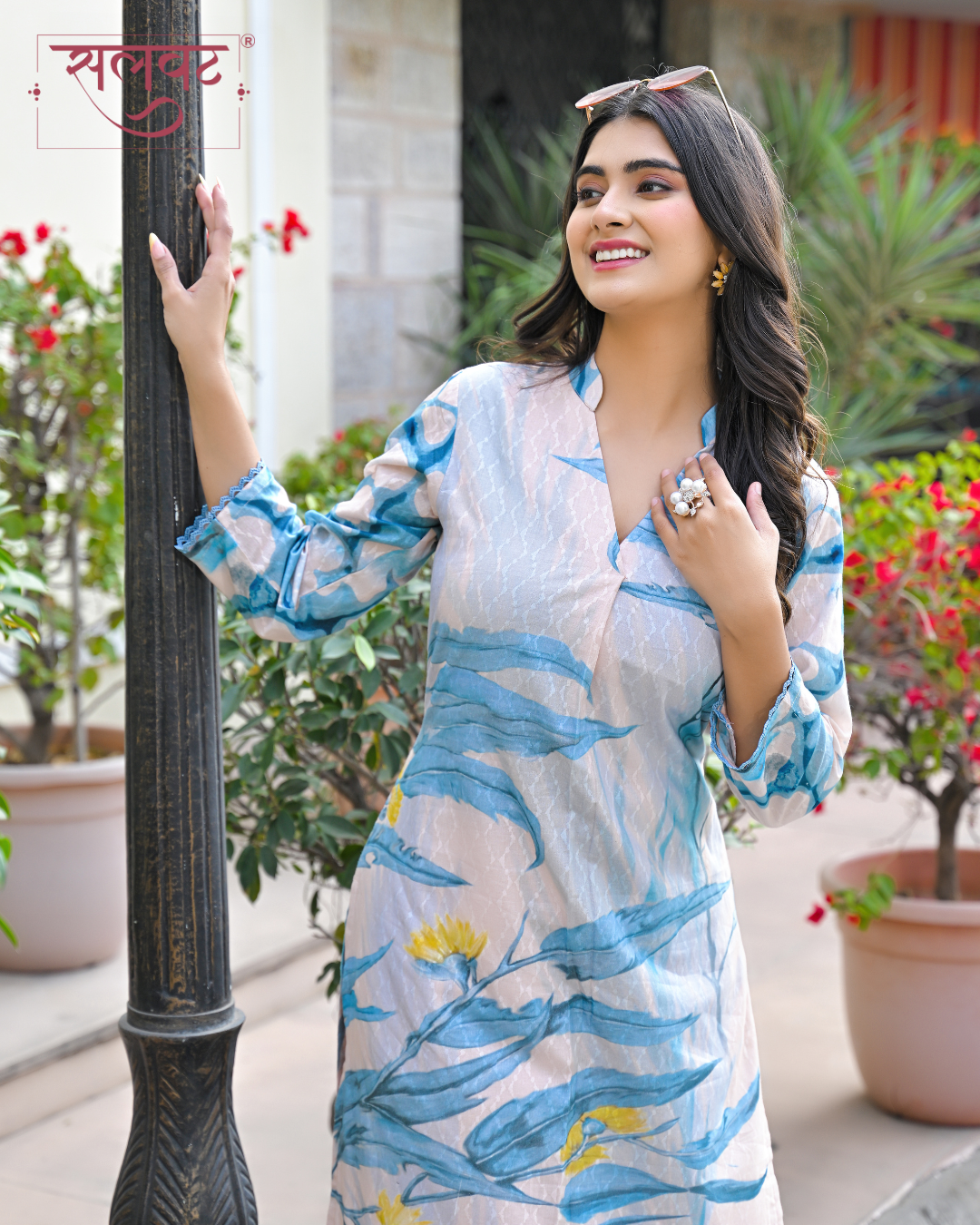 Cream & Light Blue Printed Kurta Set