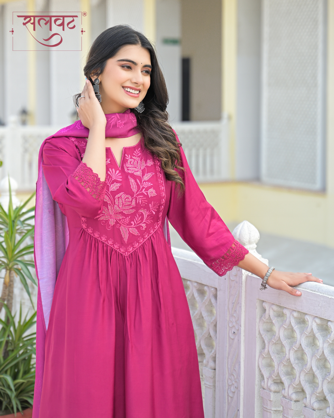 Ruby Garnet Wine Thread & Zari Embroidered Kurta Set With Printed Dupatta