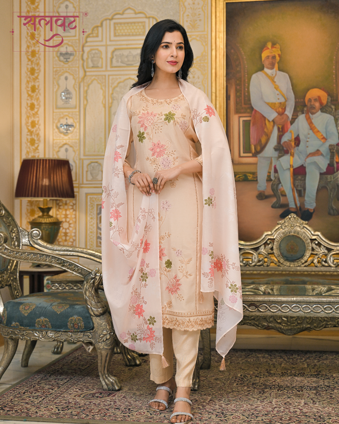 Light Caramel Embroidered Kurta Set With Printed Dupatta