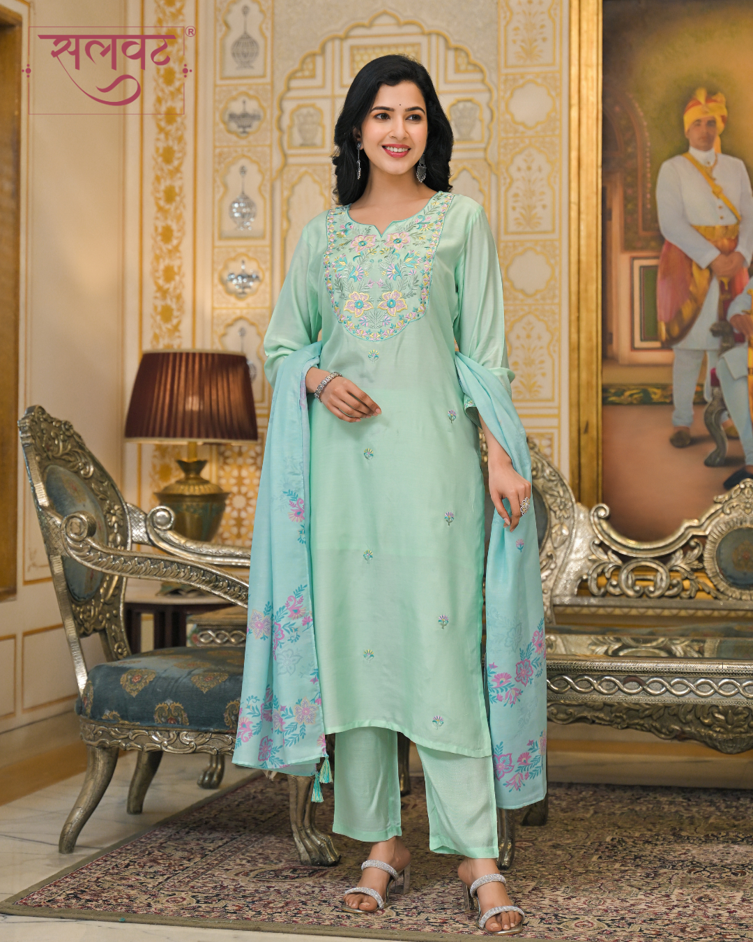 Seafoam Green Embroidered Kurta Set With Printed Dupatta