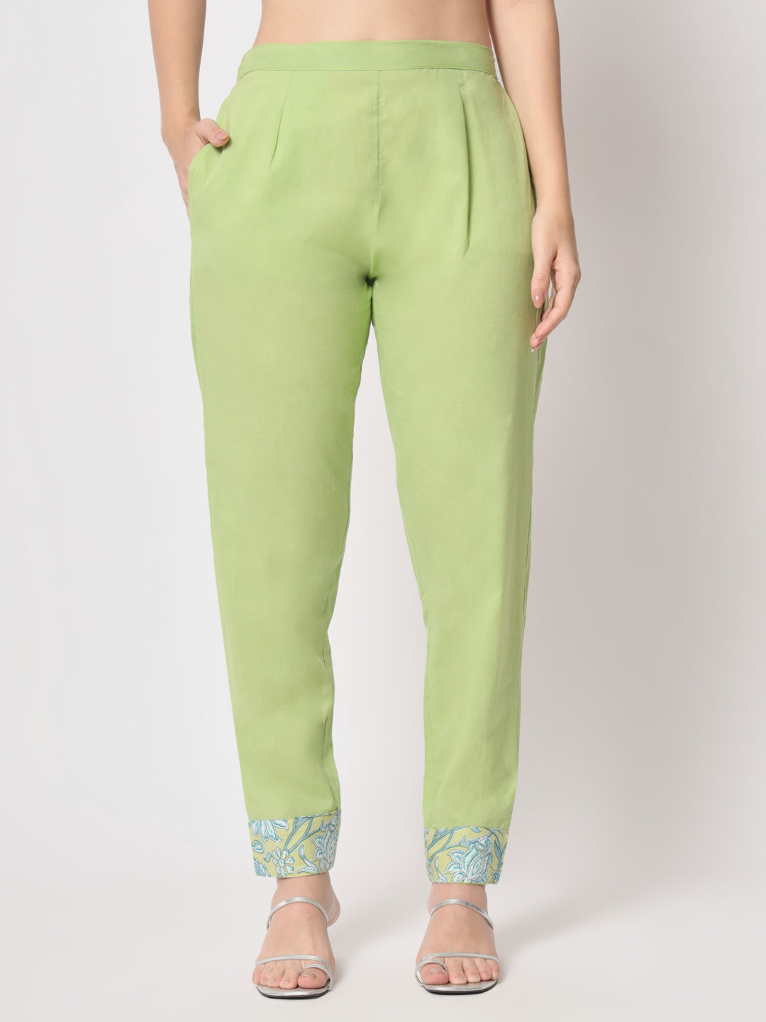 Easy, breezy and beautifully tailored- Green and blue printed kurta set with rope belt for everyday wear.