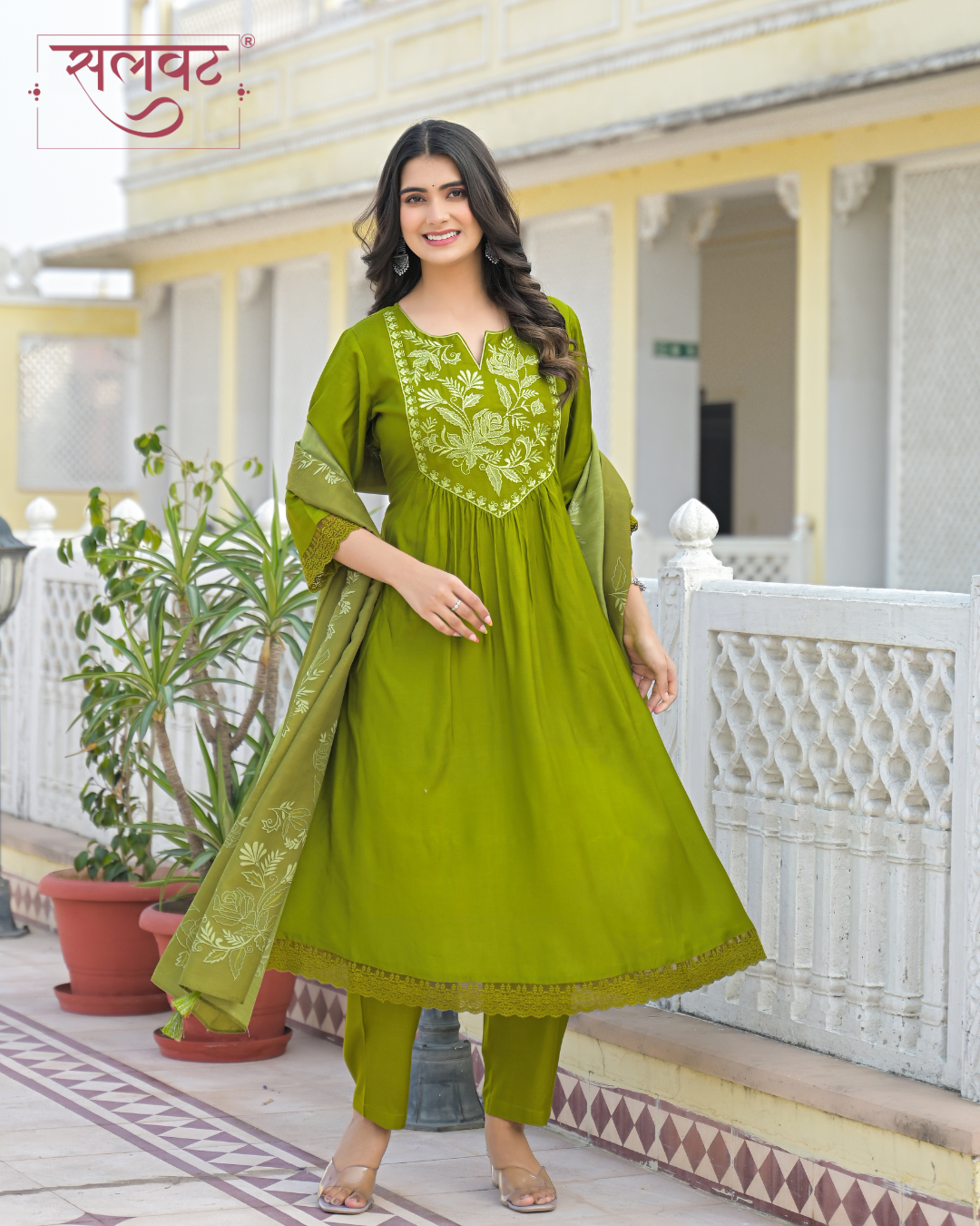 Henna Green Muslin Thread & Zari Embroidered Kurta Set With Printed Dupatta