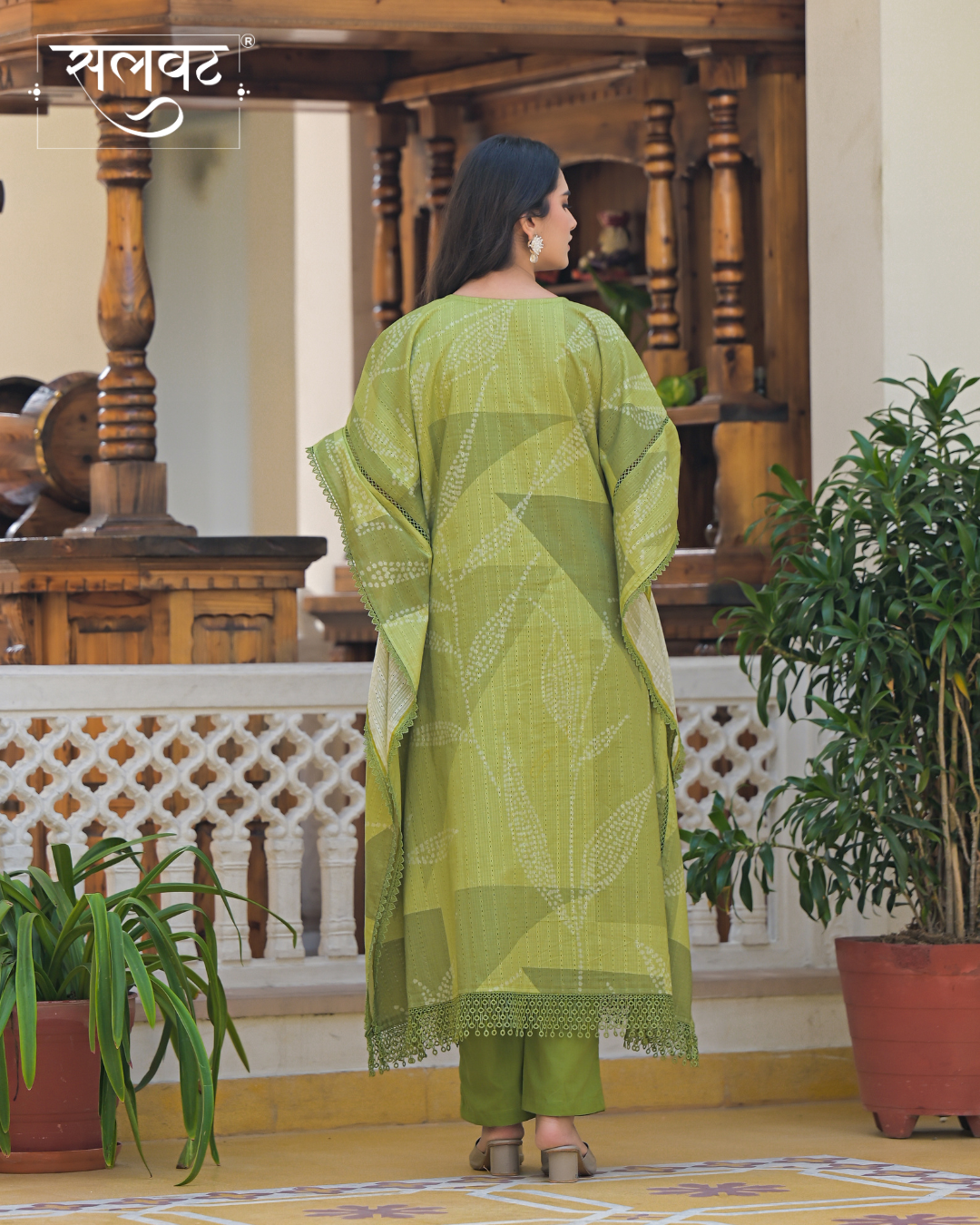 Green Printed Sequins Embellished Kaftan Set