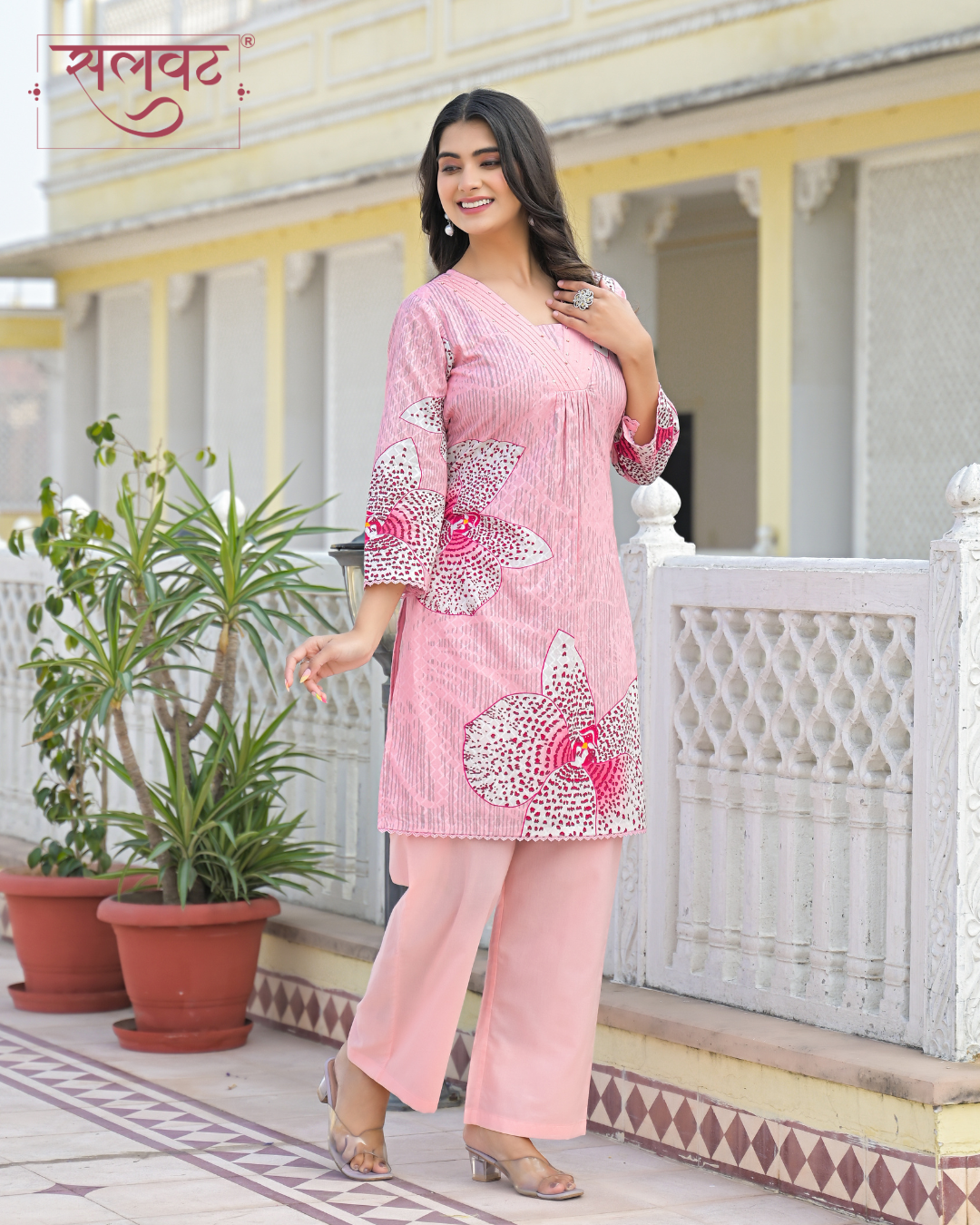 Pale Pink & White Pure Cotton Abstract Printed Handwork Kurta Set