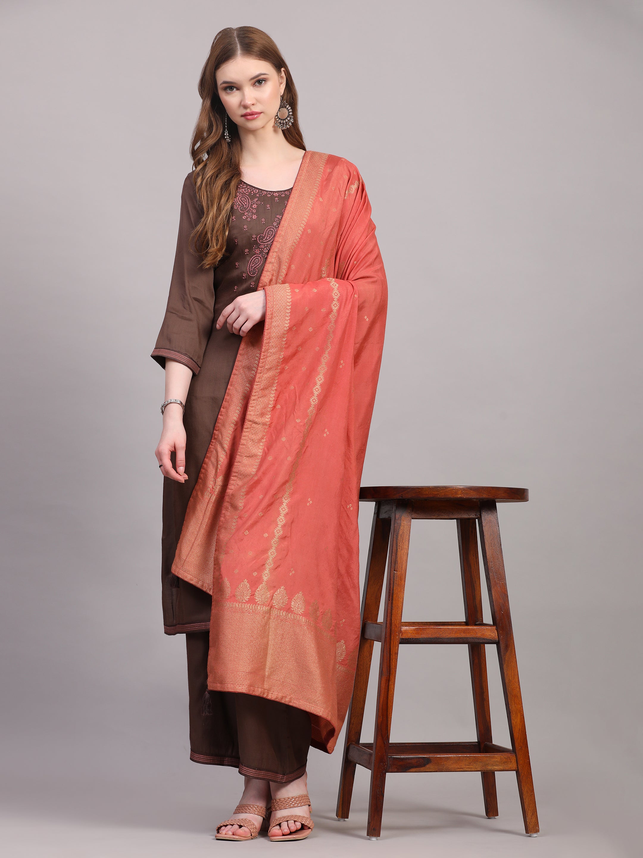 Brown Zari Embroidered Suit Set with Dola Silk Dupatta