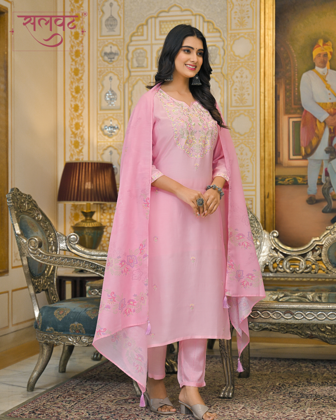 Rose Quartz Embroidered Kurta Set With Printed Dupatta