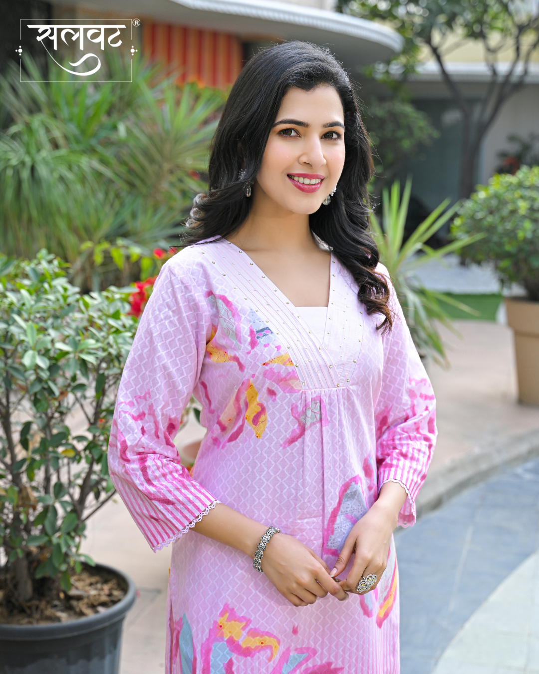 Powder Pink Abstract Printed Handwork Kurta Set