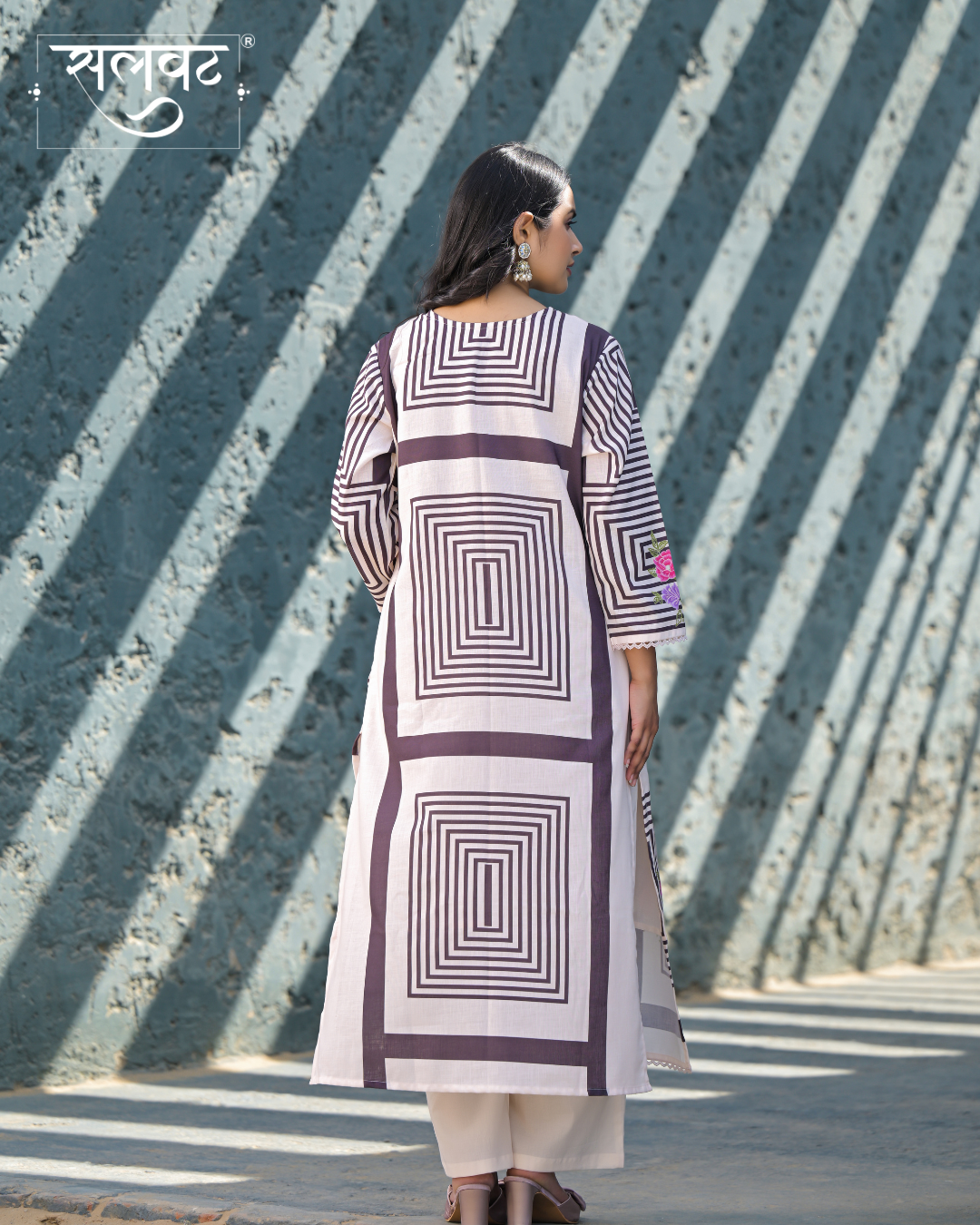 Light Cream & Black Heavy Handwork Kurta Set With Printed Dupatta